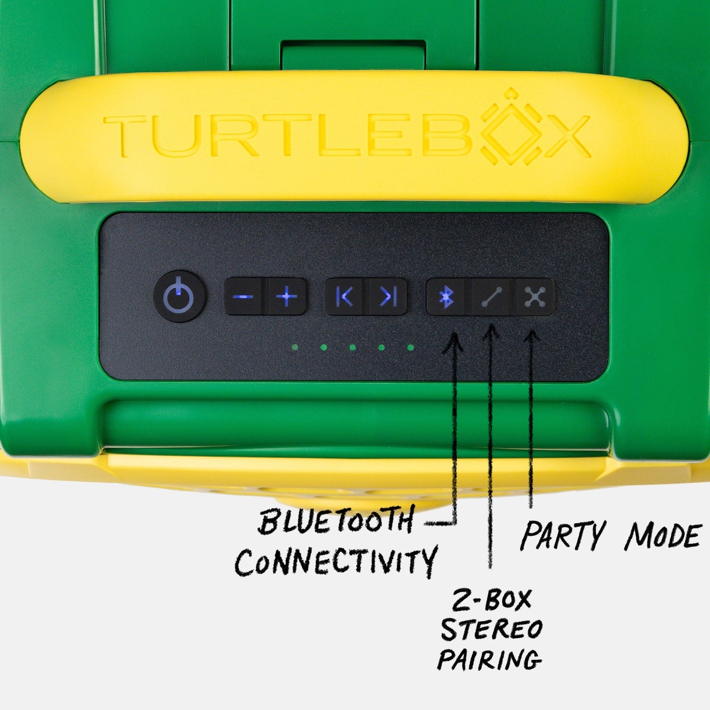 Green & Yellow Oregon Original speaker top view showing control panel, with information showing Bluetooth Connectivity, 2 Box Stereo pairing and Party Mode #speaker-color_green-yellow-gameday-series
