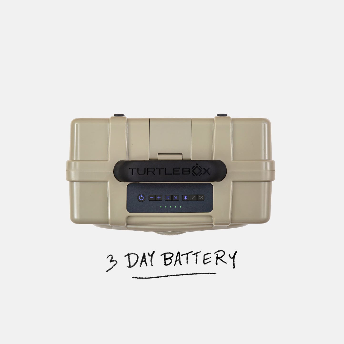 Studio shot of a Original speaker in Tan showing the top view and saying the 3 day battery spec #speaker-color_tan