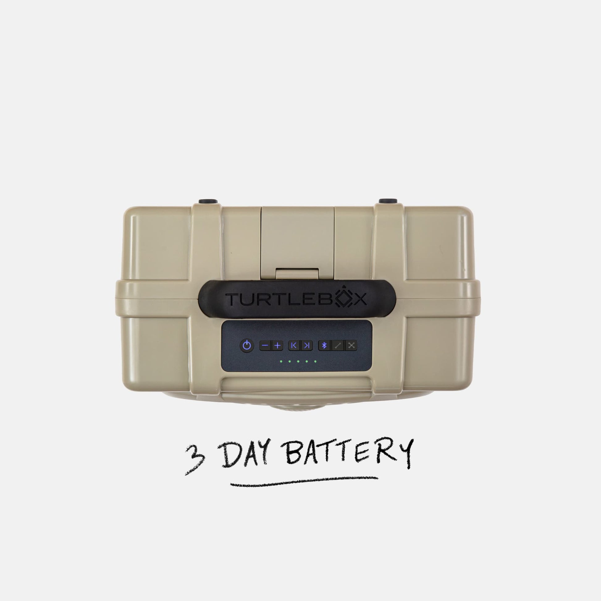 Studio shot of a Original speaker in Tan showing the top view and saying the 3 day battery spec #speaker-color_tan