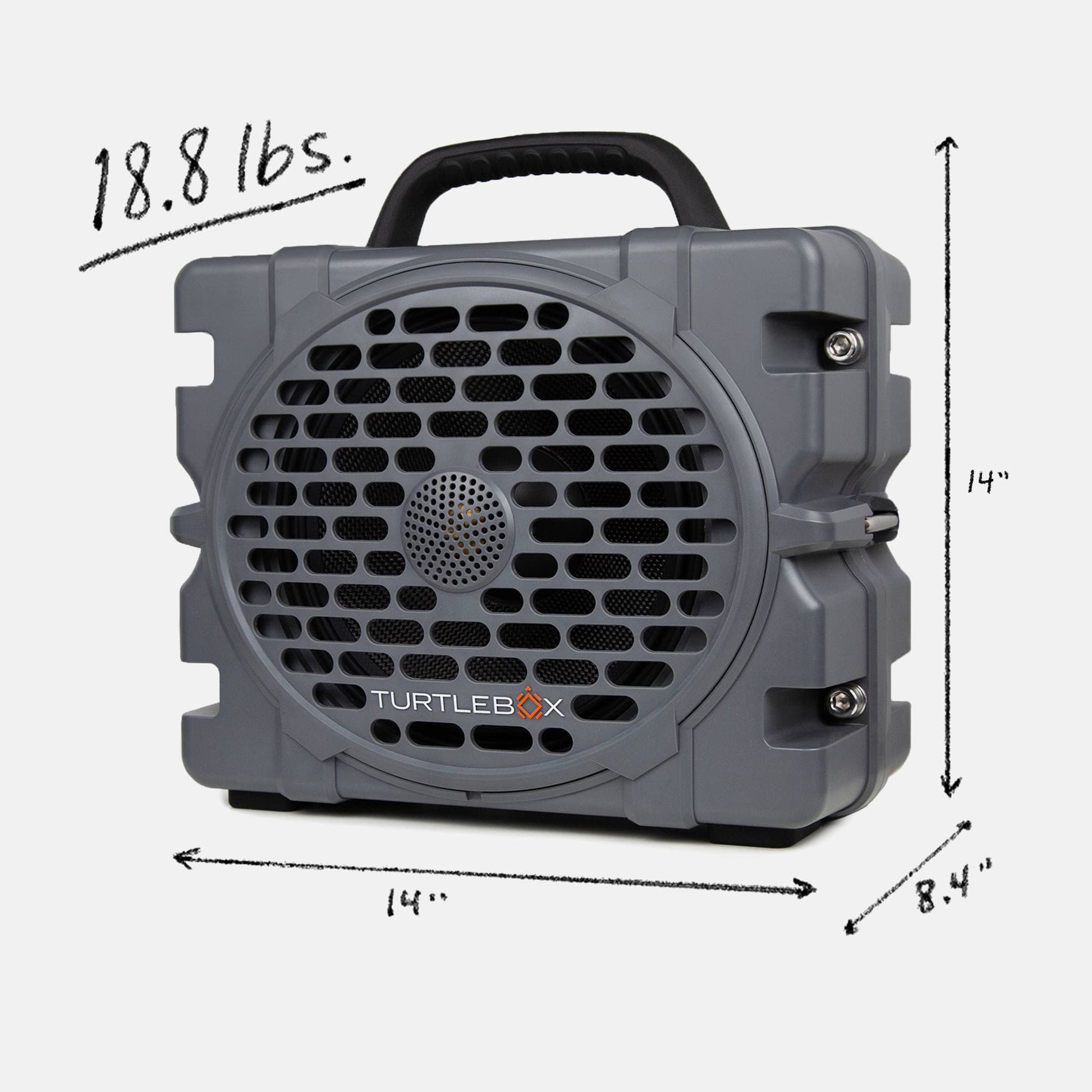 Turtlebox Grande speaker in gray with measures, 18.8 pounds, 14 inches width, 11.5 inches height and 8.4 inches depth #speaker-color_gray