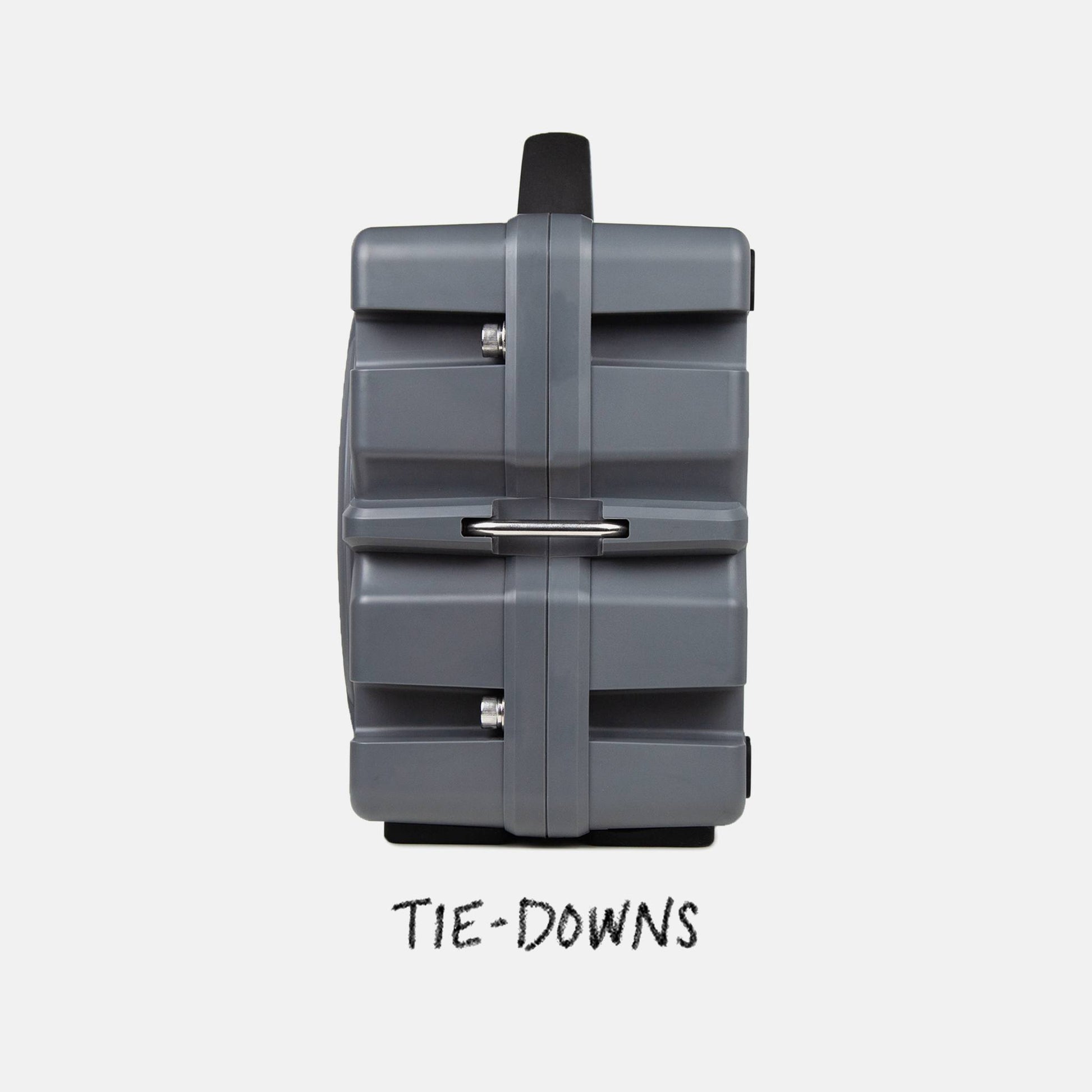 Turtlebox Grande speaker in gray side view highlighing the tie-downs #speaker-color_gray