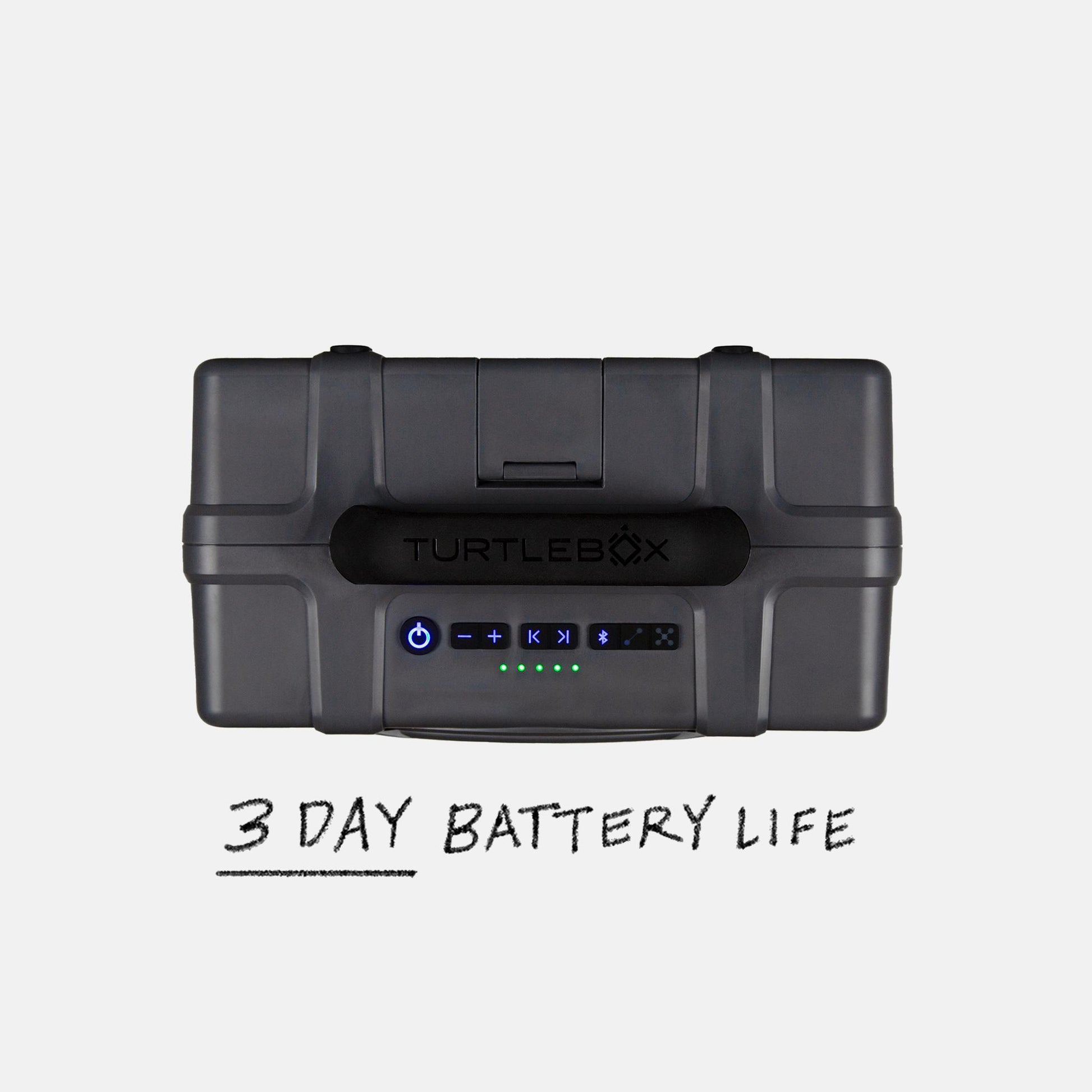 Turtlebox Grande speaker in gray top view saying 3 day battery life #speaker-color_gray