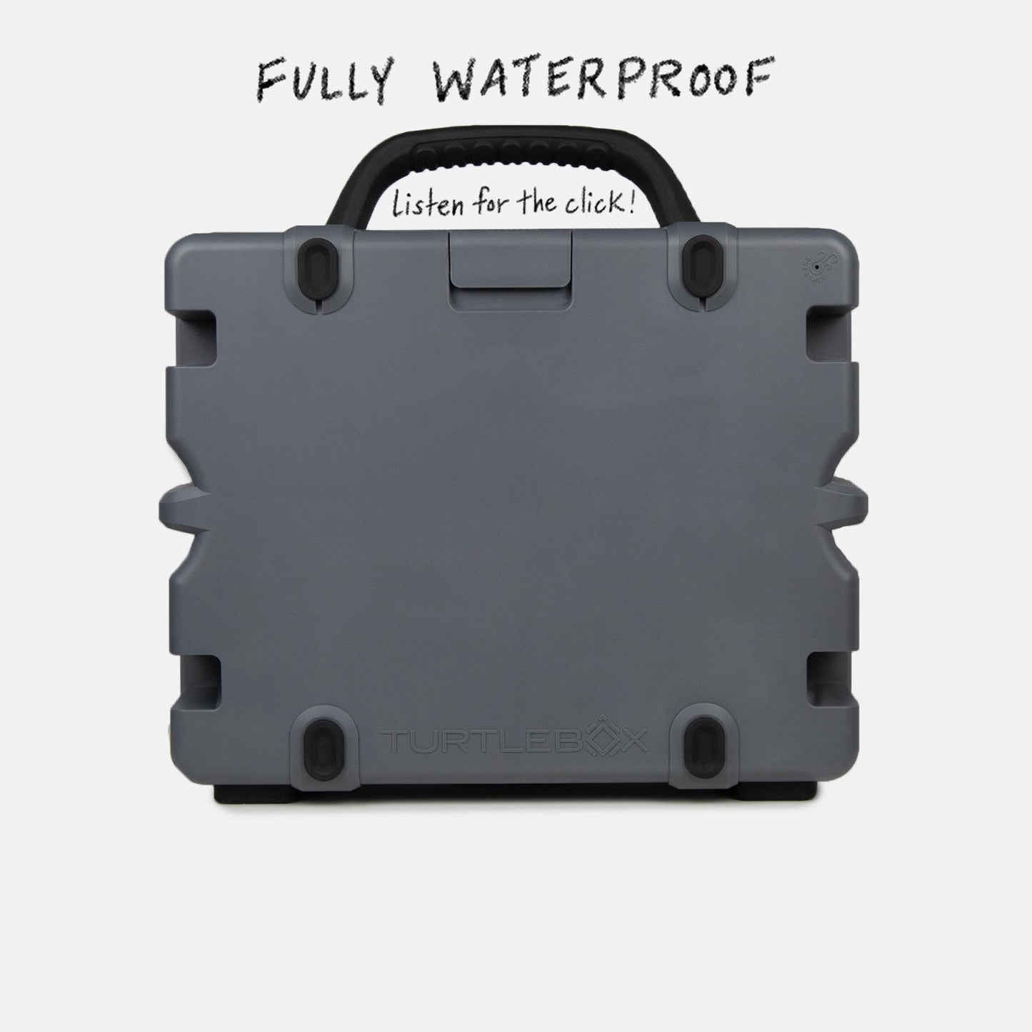 Turtlebox Grande speaker in gray back view saying fully waterproof, listen for the click  #speaker-color_gray