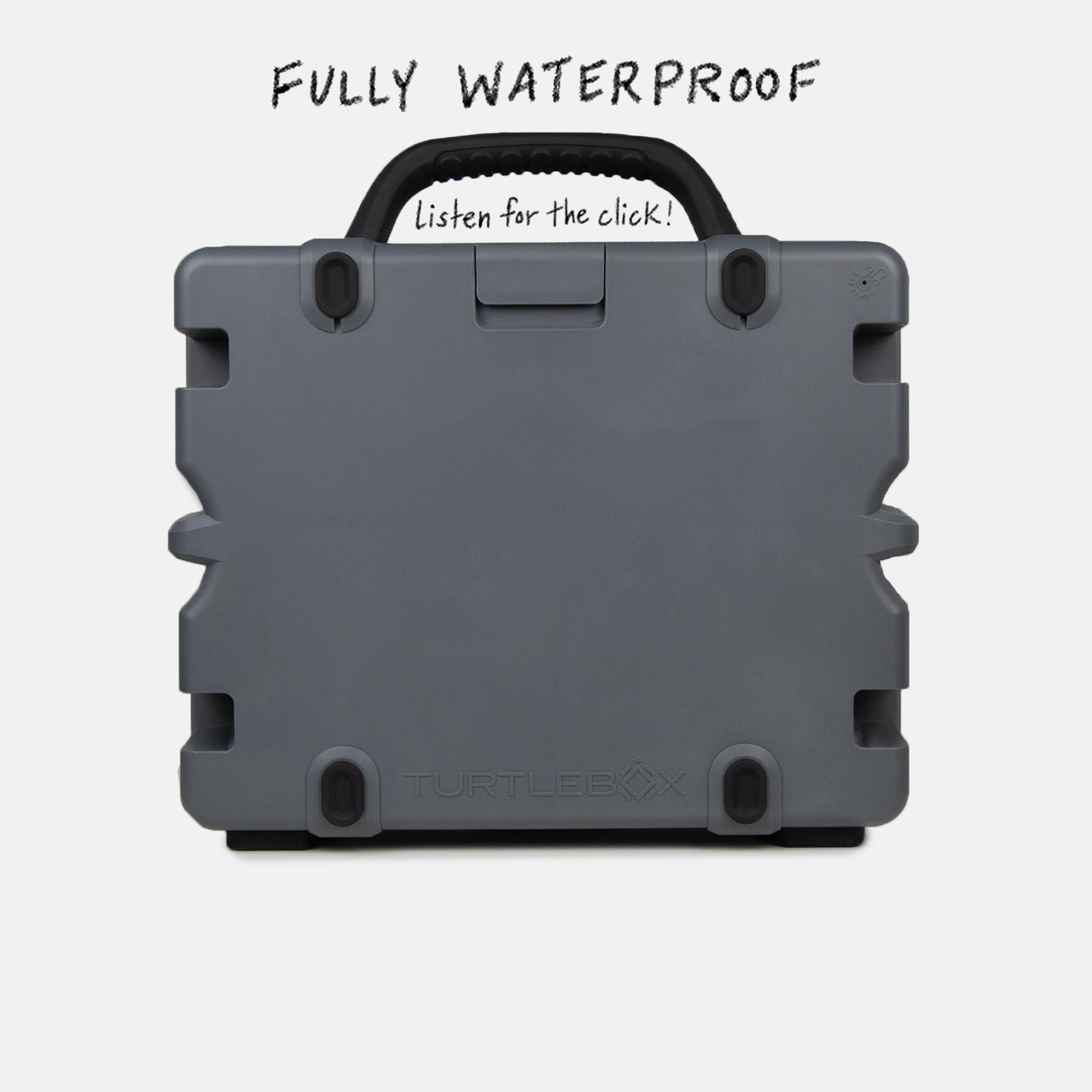 Turtlebox Grande speaker in gray back view saying fully waterproof, listen for the click  #speaker-color_gray