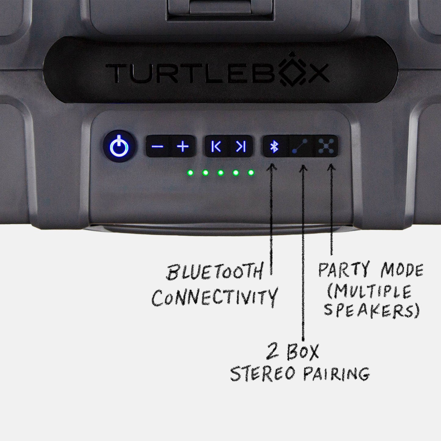 Turtlebox Grande speaker in gray panel view highlighting the bluetooth connectivity, the 2 box stereo pairing and the Party Mode for multiple speakers #speaker-color_gray