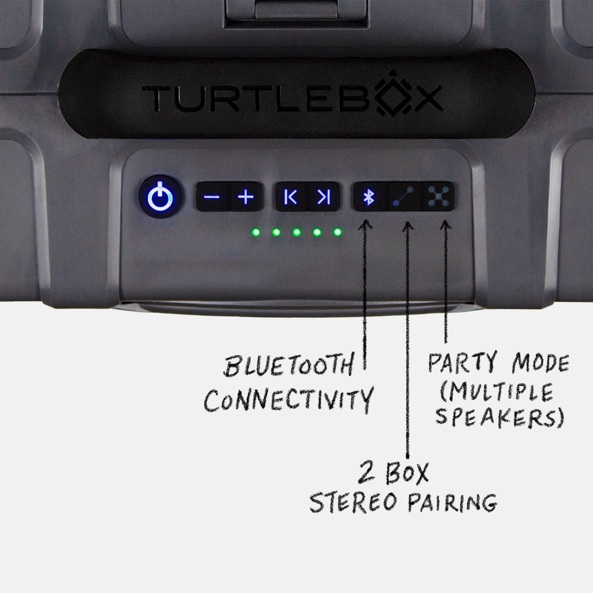 Turtlebox Grande speaker in gray panel view highlighting the bluetooth connectivity, the 2 box stereo pairing and the Party Mode for multiple speakers #speaker-color_gray