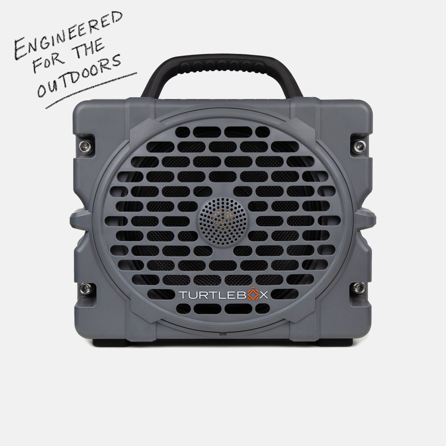 Turtlebox Grande speaker in gray saying Engineered for the Outdoors #speaker-color_gray