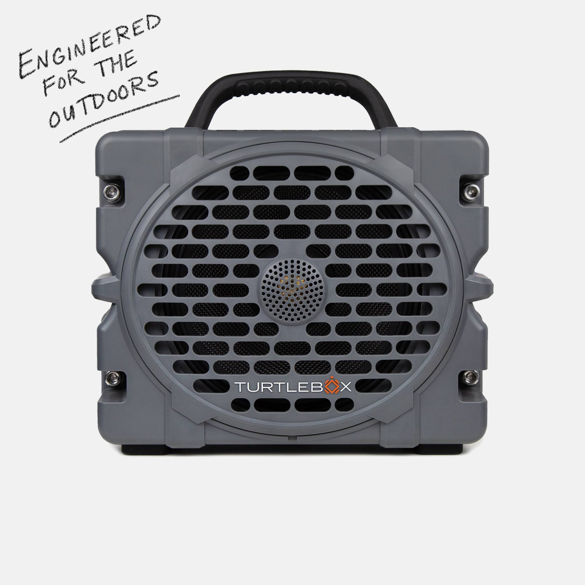 Turtlebox Grande speaker in gray saying Engineered for the Outdoors #speaker-color_gray
