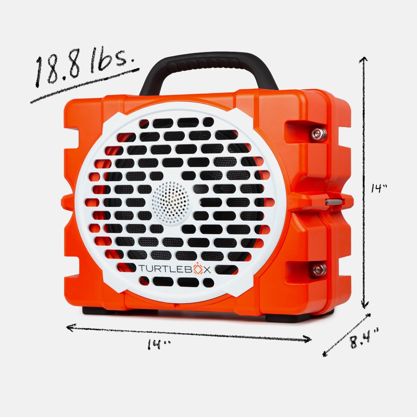 Turtlebox Grande speaker in orange with measures, 18.8 pounds, 14 inches width, 11.5 inches height and 8.4 inches depth #speaker-color_orange