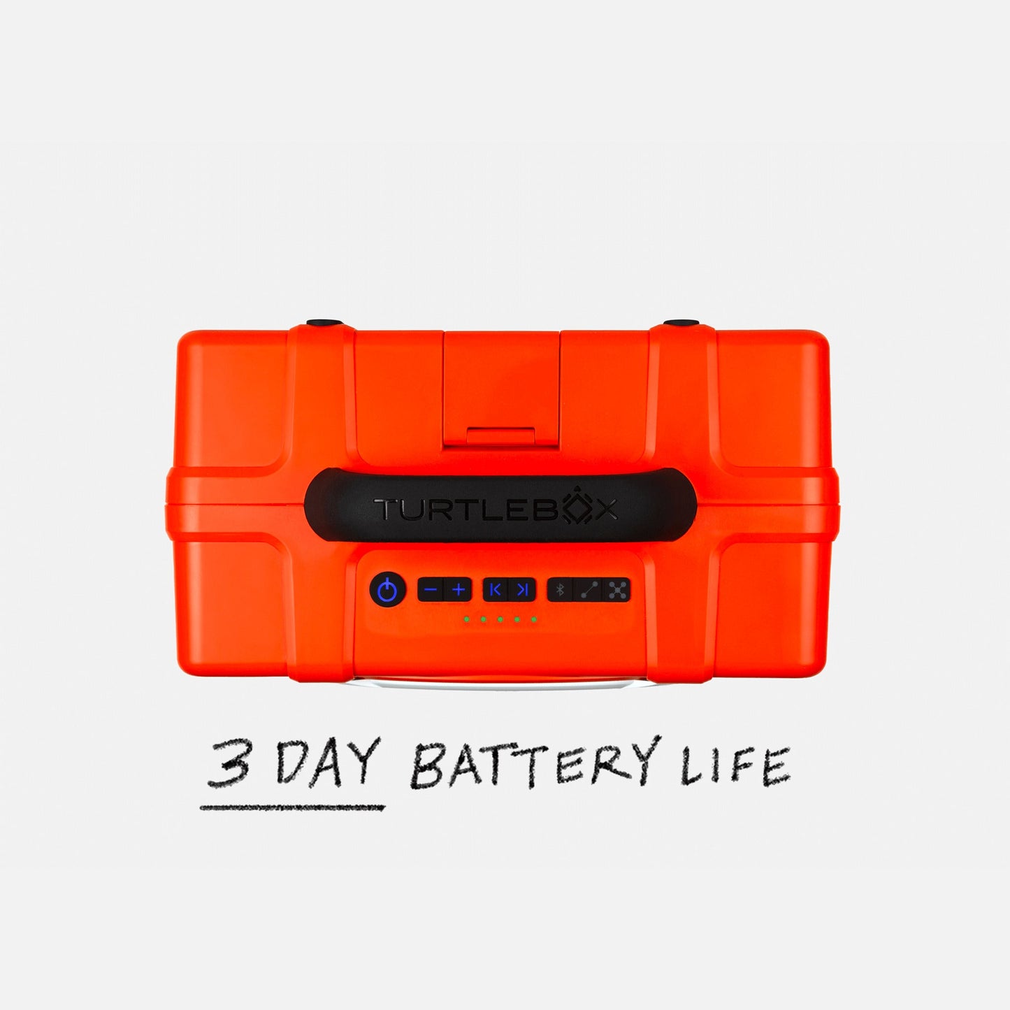 Turtlebox Grande speaker in orange top view saying 3 day battery life #speaker-color_orange