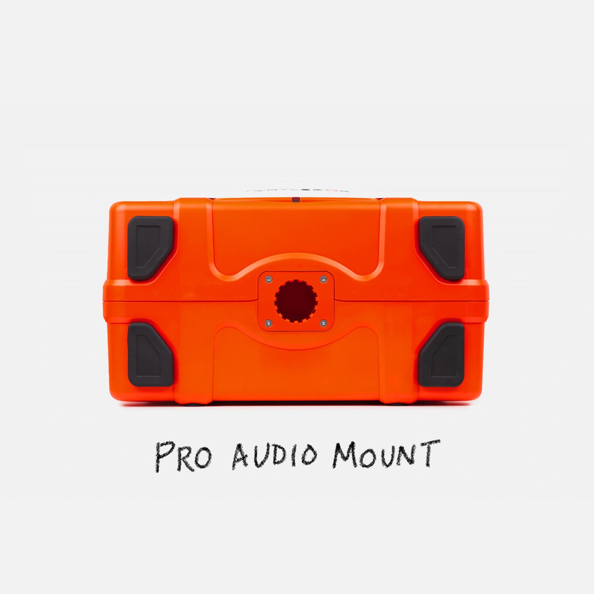 Turtlebox Grande speaker in orange bottom view showing the back feet and highlighting the Pro Audio Mount #speaker-color_orange