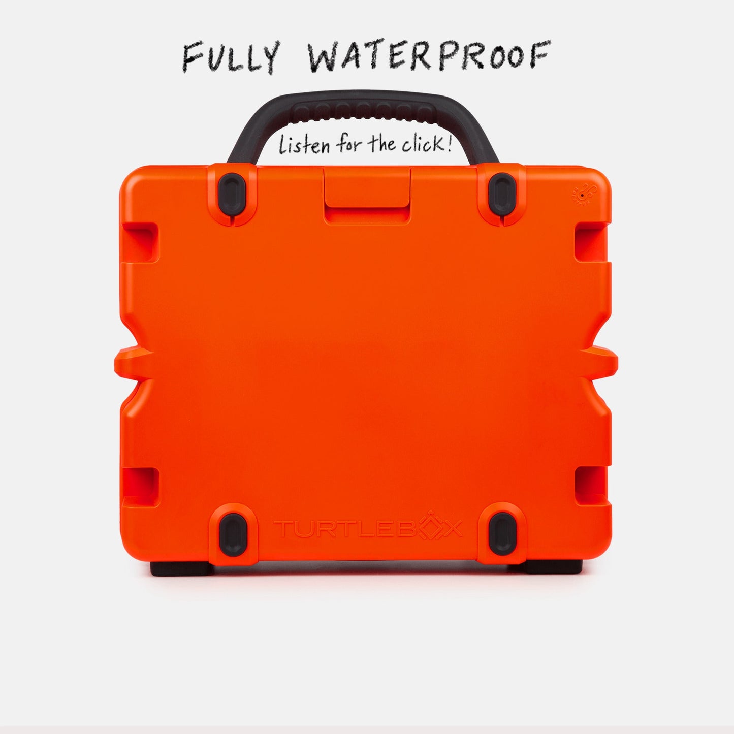 Turtlebox Grande speaker in orange back view saying fully waterproof, listen for the click  #speaker-color_orange