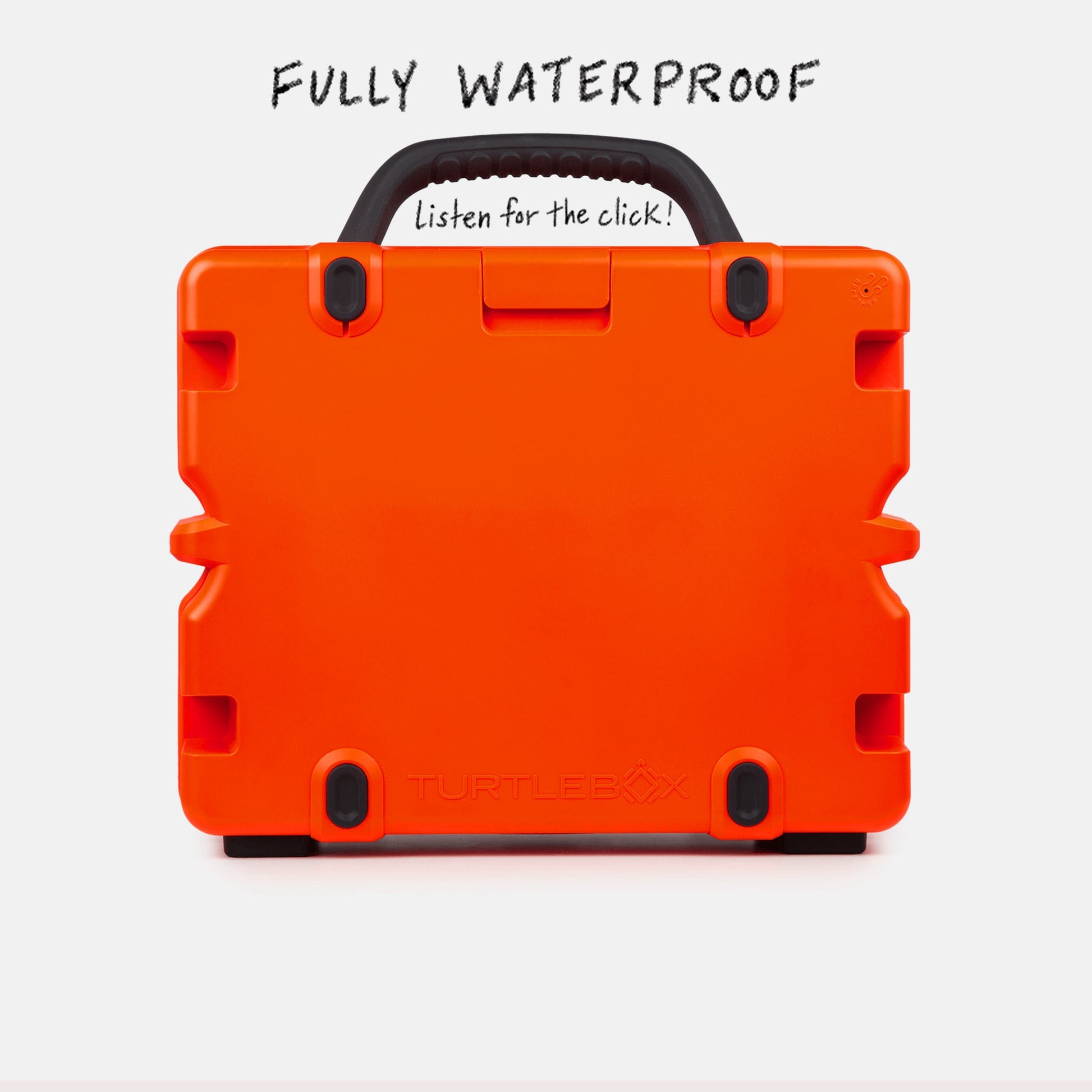 Turtlebox Grande speaker in orange back view saying fully waterproof, listen for the click  #speaker-color_orange
