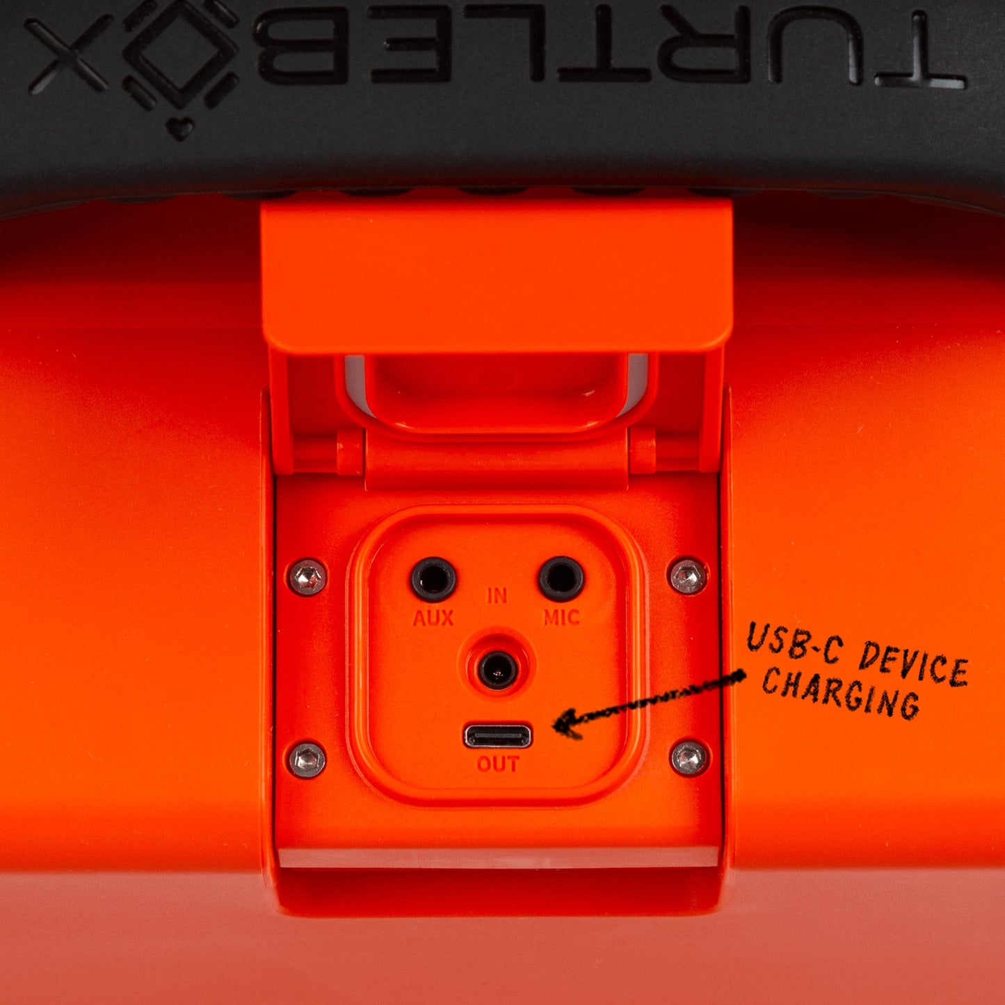 Turtlebox Grande speaker in orange port view #speaker-color_orange