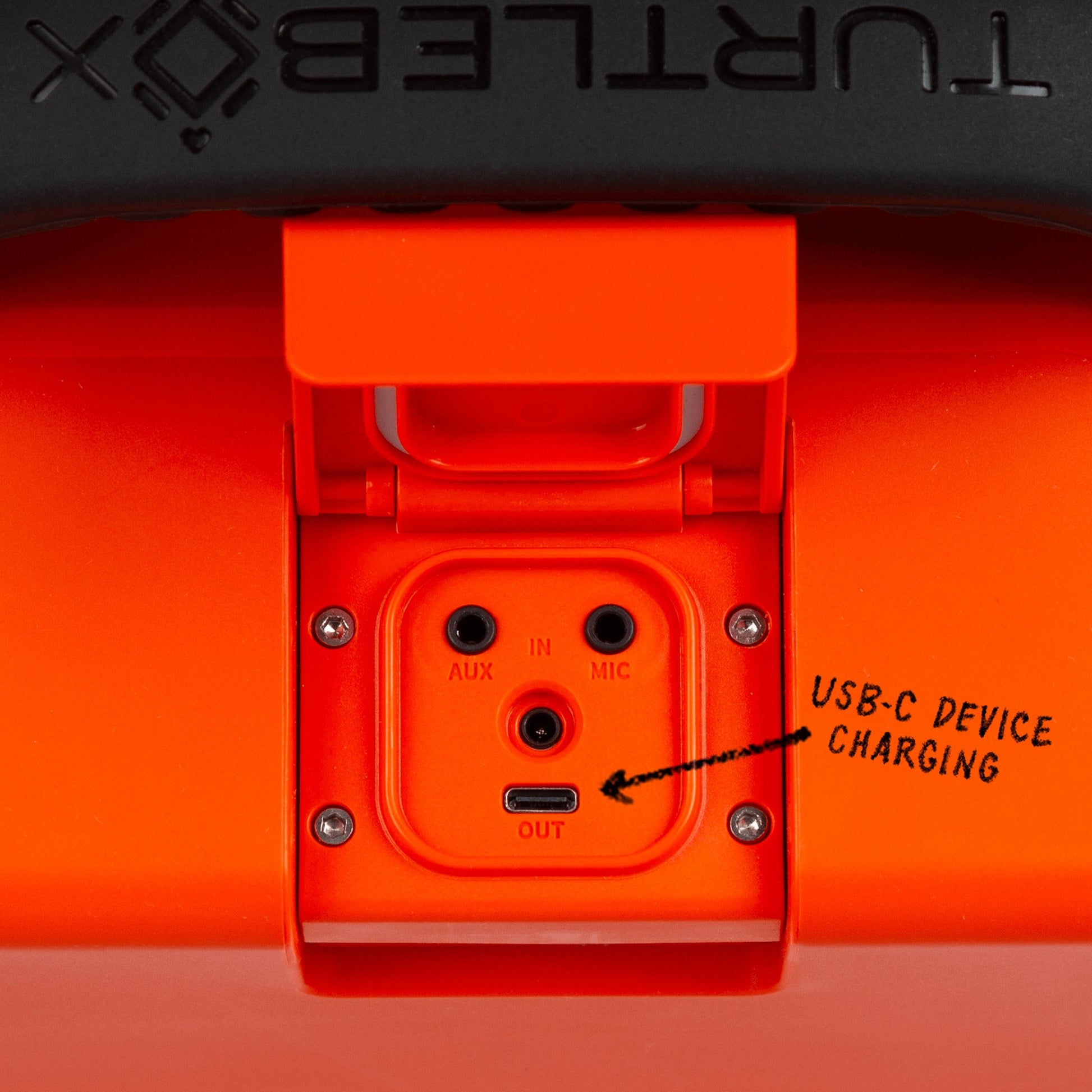 Turtlebox Grande speaker in orange port view #speaker-color_orange