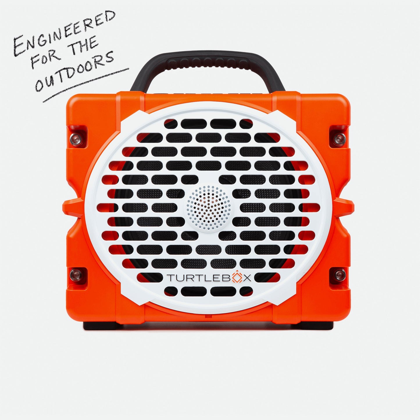 Turtlebox Grande speaker in orange saying Engineered for the Outdoors #speaker-color_orange