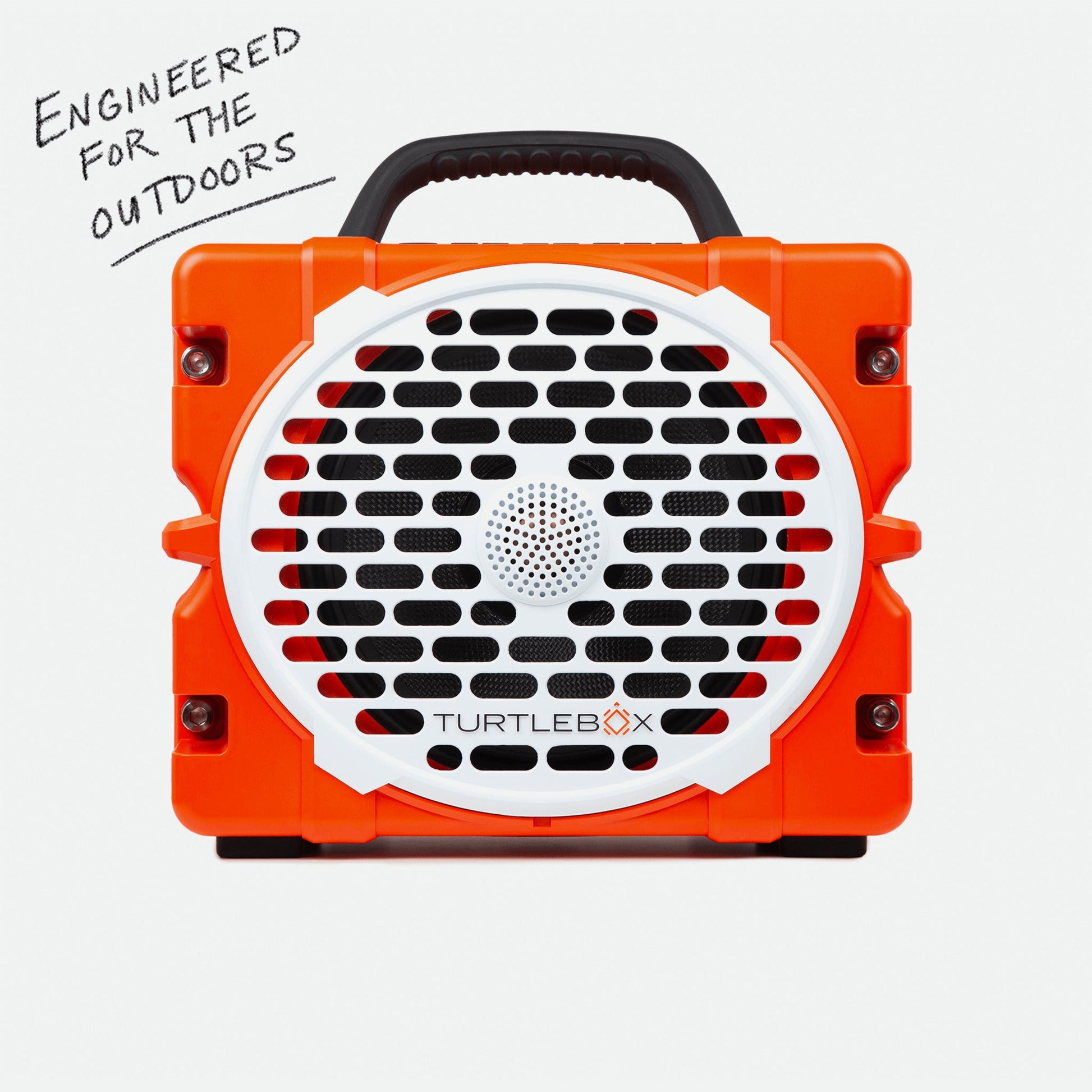 Turtlebox Grande speaker in orange saying Engineered for the Outdoors #speaker-color_orange