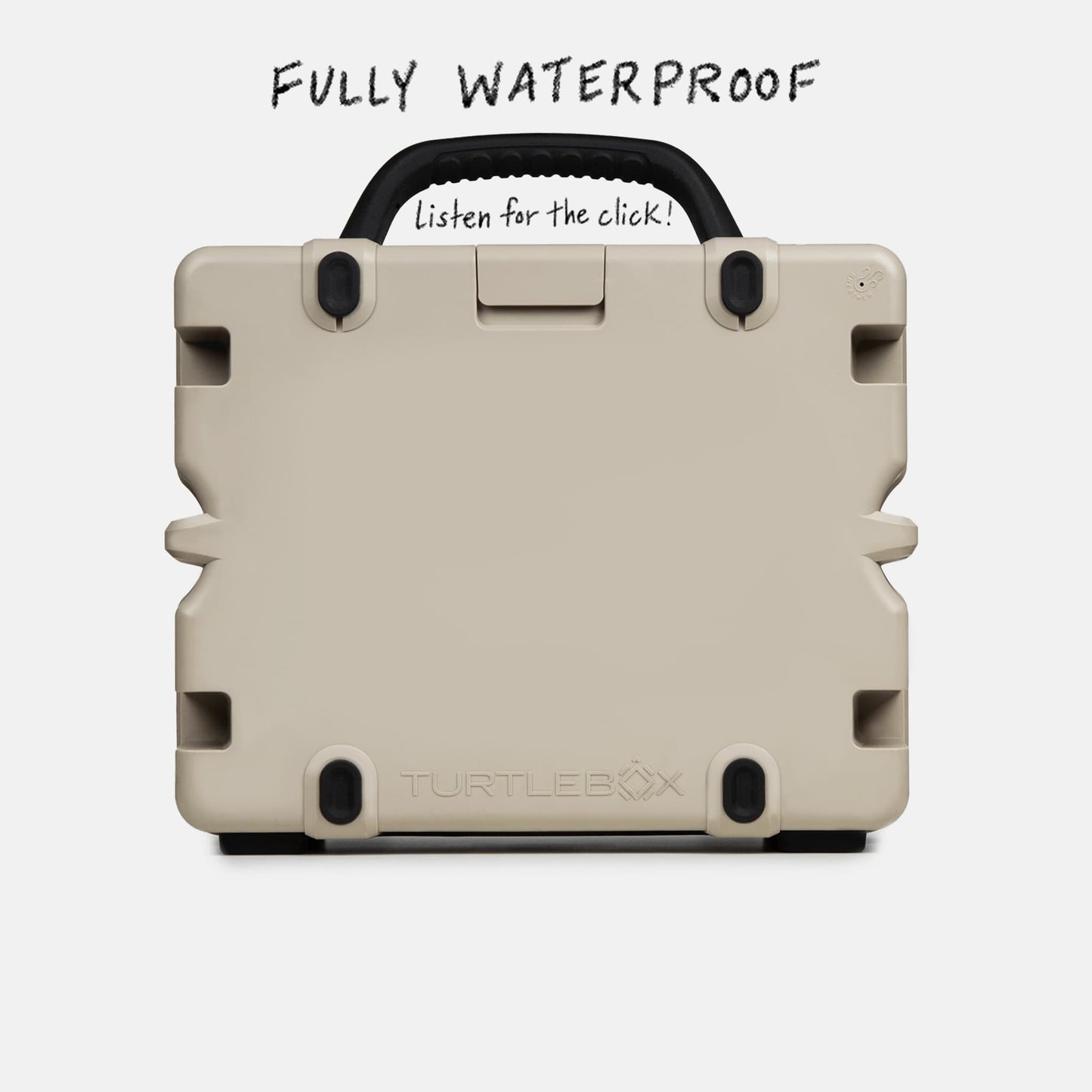 Turtlebox Grande speaker in tan back view saying fully waterproof #speaker-color_tan