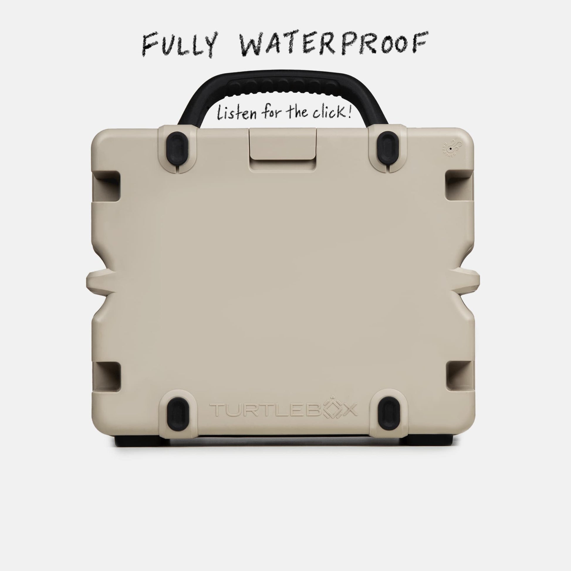 Turtlebox Grande speaker in tan back view saying fully waterproof #speaker-color_tan
