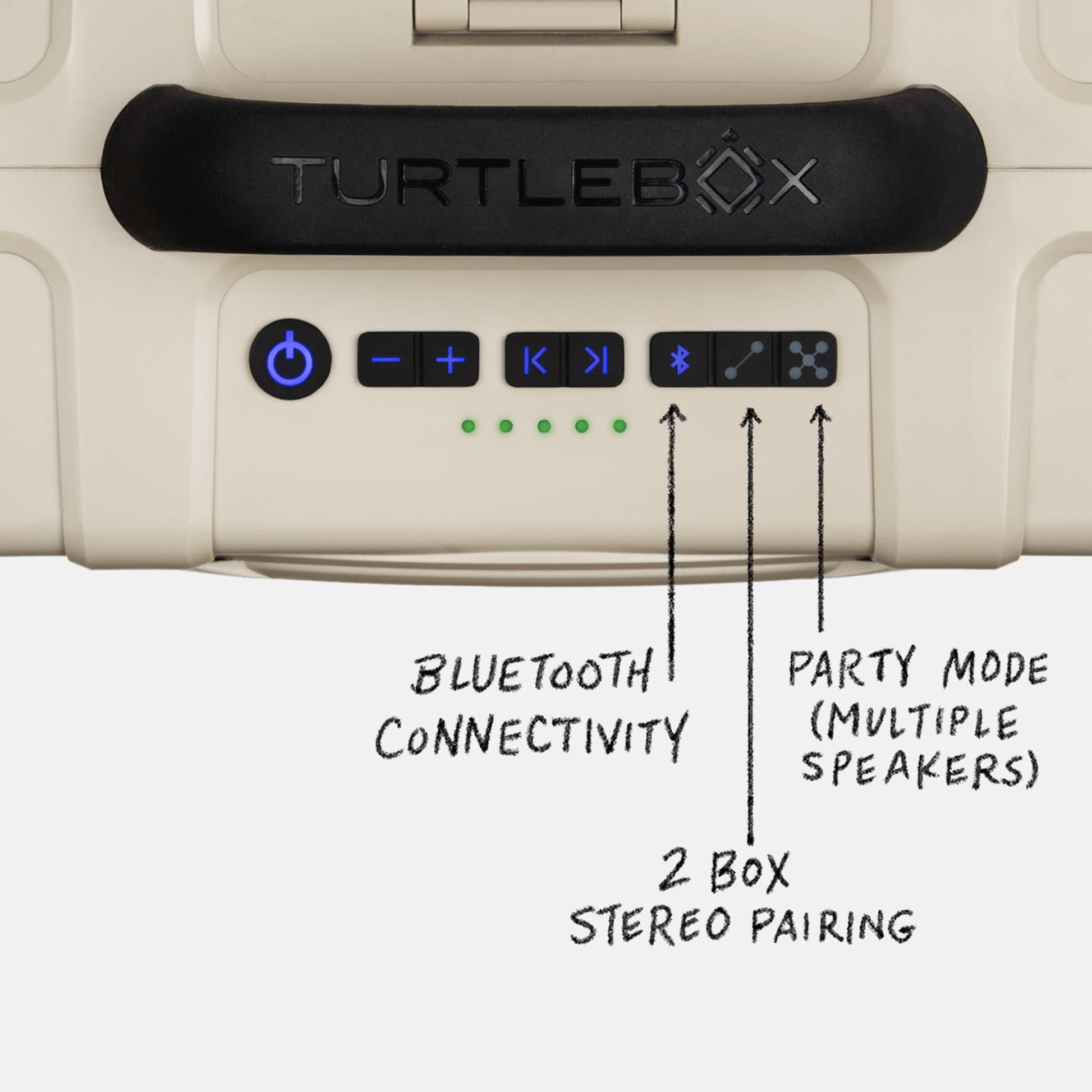 Turtlebox Grande speaker in tan panel view highlighting the bluetooth connectivity, the 2 box stereo pairing and the Party Mode for multiple speakers #speaker-color_tan