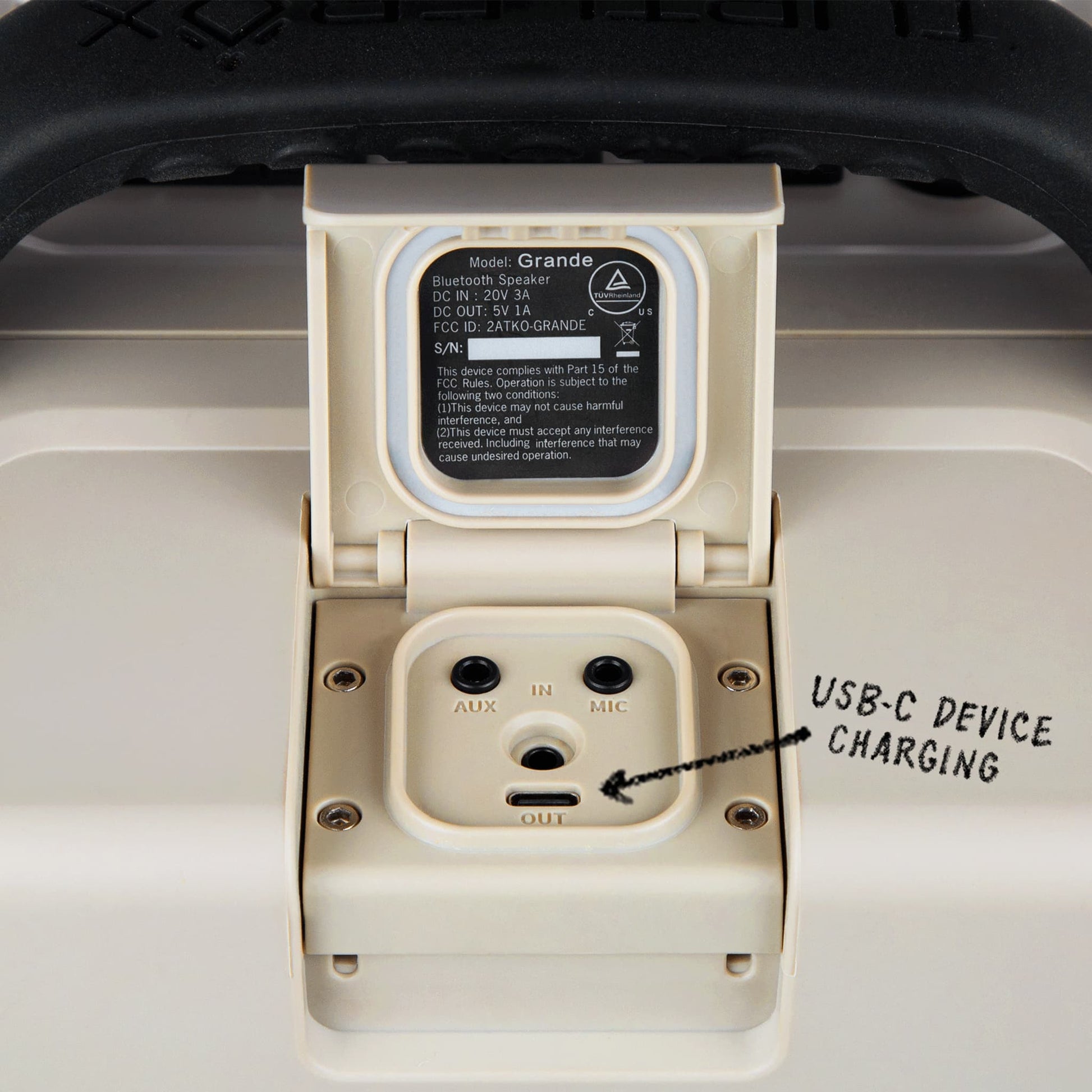 Turtlebox Grande speaker in tan port view #speaker-color_tan