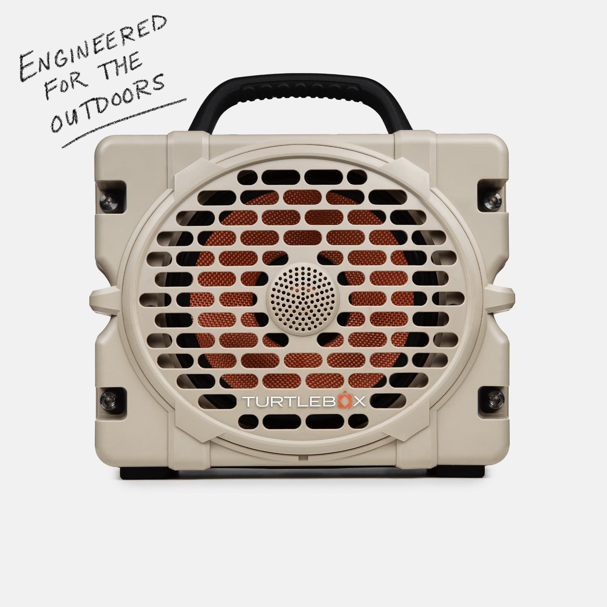 Turtlebox Grande speaker in tan saying Engineered for the Outdoors #speaker-color_tan