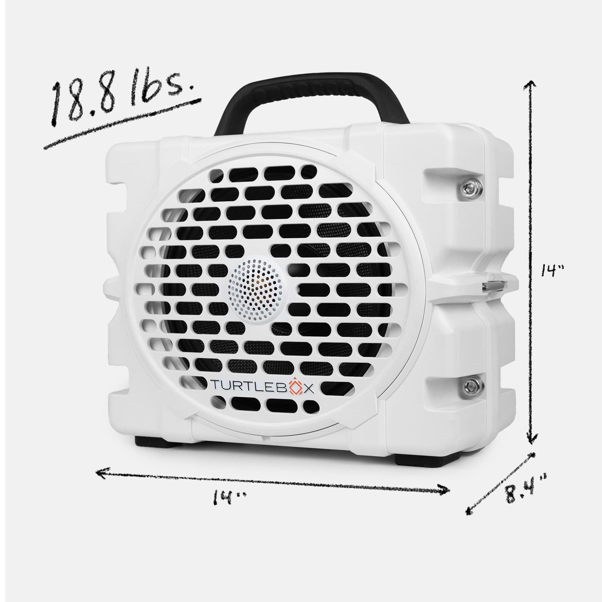 Turtlebox Grande speaker in white with measures, 18.8 pounds, 14 inches width, 11.5 inches height and 8.4 inches depth #speaker-color_white