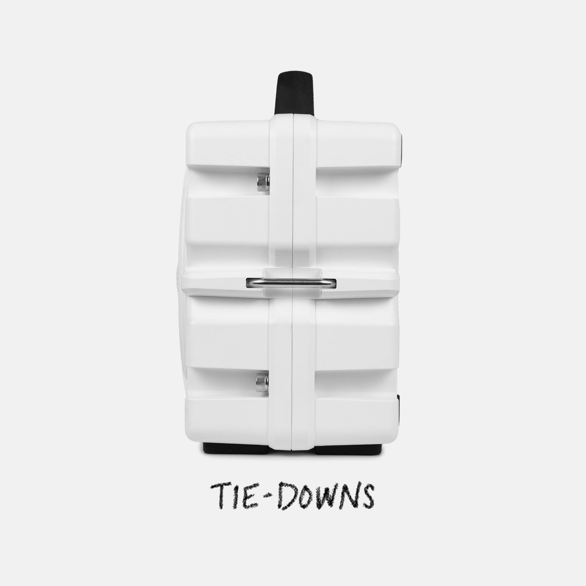 Turtlebox Grande speaker in white side view highlighing the tie-downs #speaker-color_white