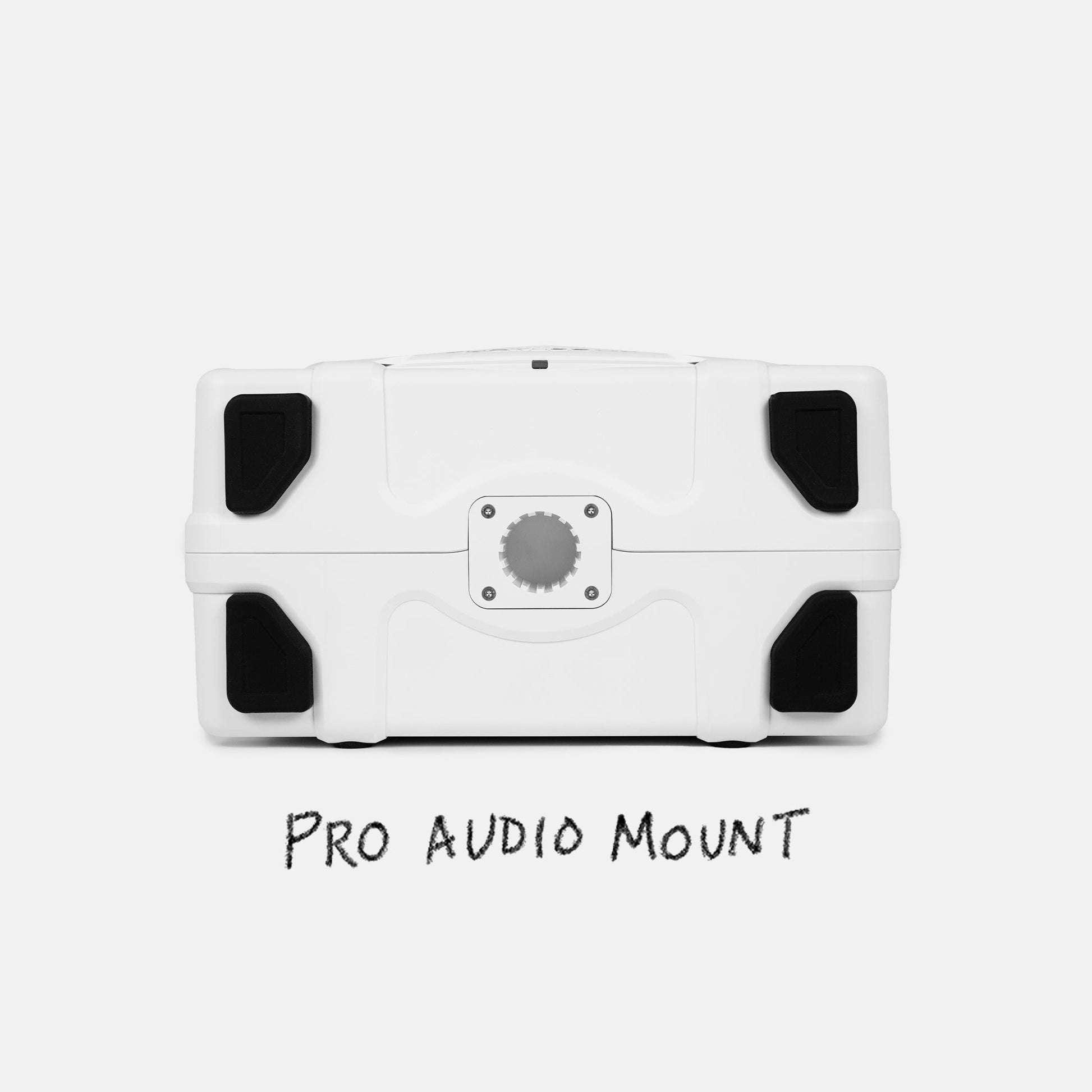 Turtlebox Grande speaker in white bottom view showing the back feet and highlighting the Pro Audio Mount #speaker-color_white