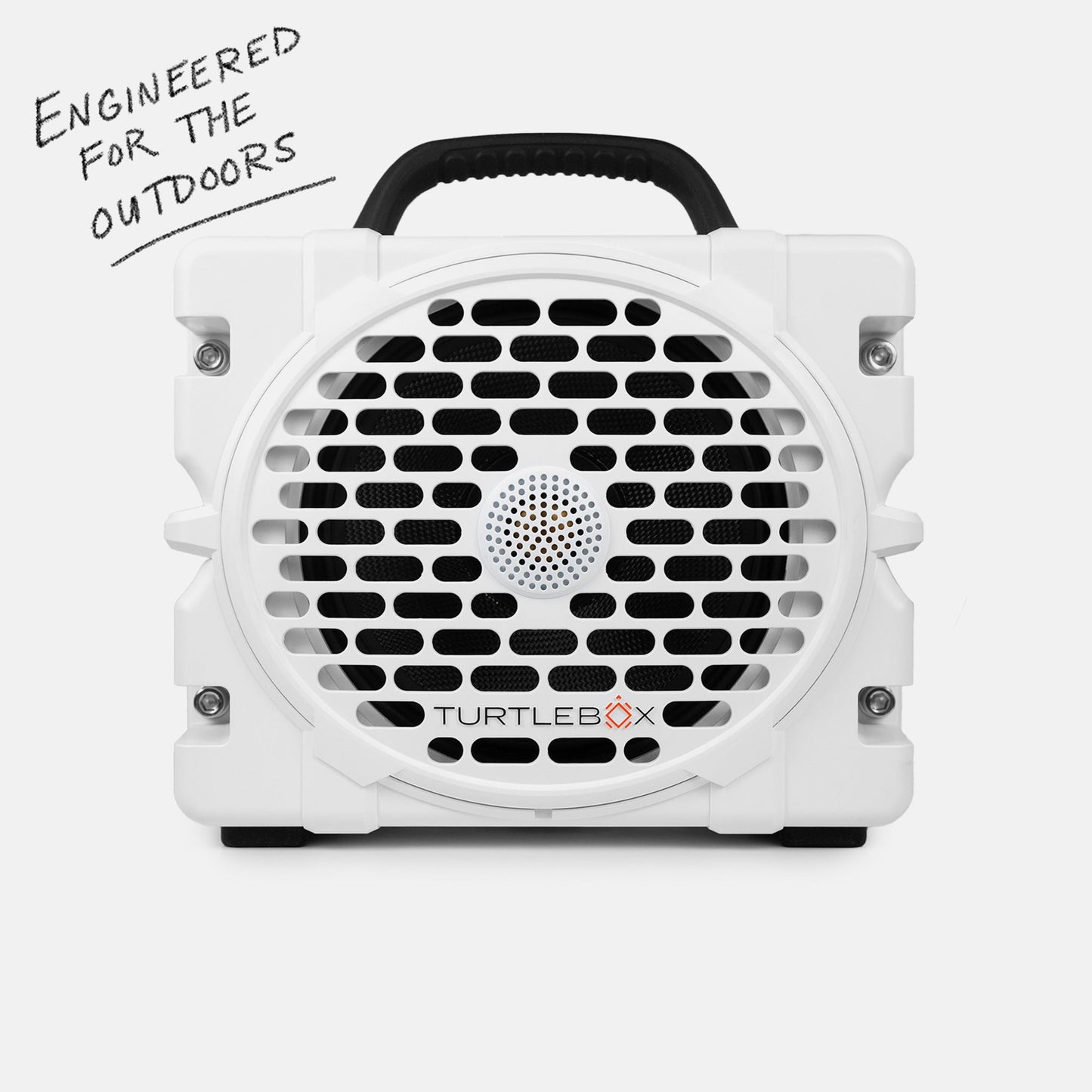 Turtlebox Grande speaker in white saying Engineered for the Outdoors #speaker-color_white
