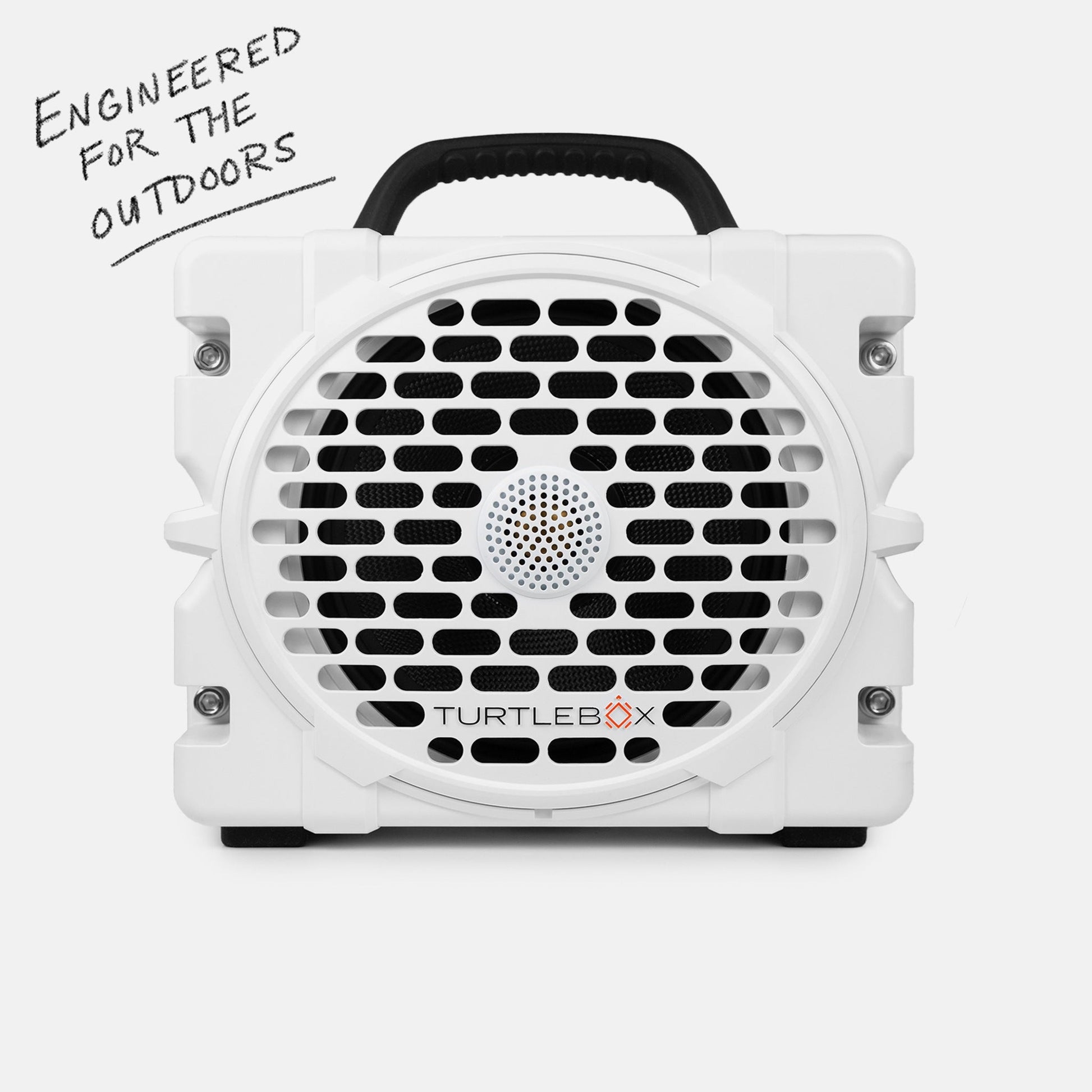 Turtlebox Grande speaker in white saying Engineered for the Outdoors #speaker-color_white
