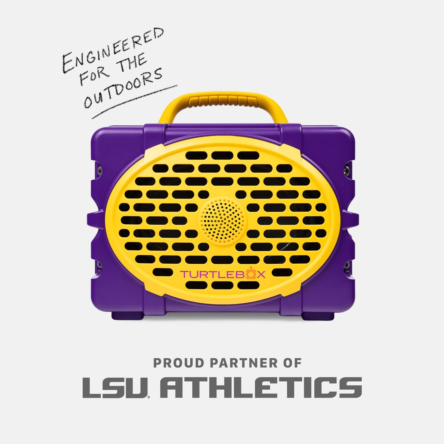Purple & Gold LSU Original speaker front view with info saying engineered for the outdoors #speaker-color_purple-gold-gameday-series