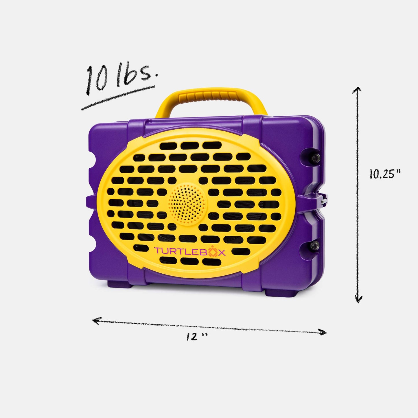 Purple & Gold LSU speaker front with measures information, 10lbs, 12 by 8.75 inches #speaker-color_purple-gold-gameday-series