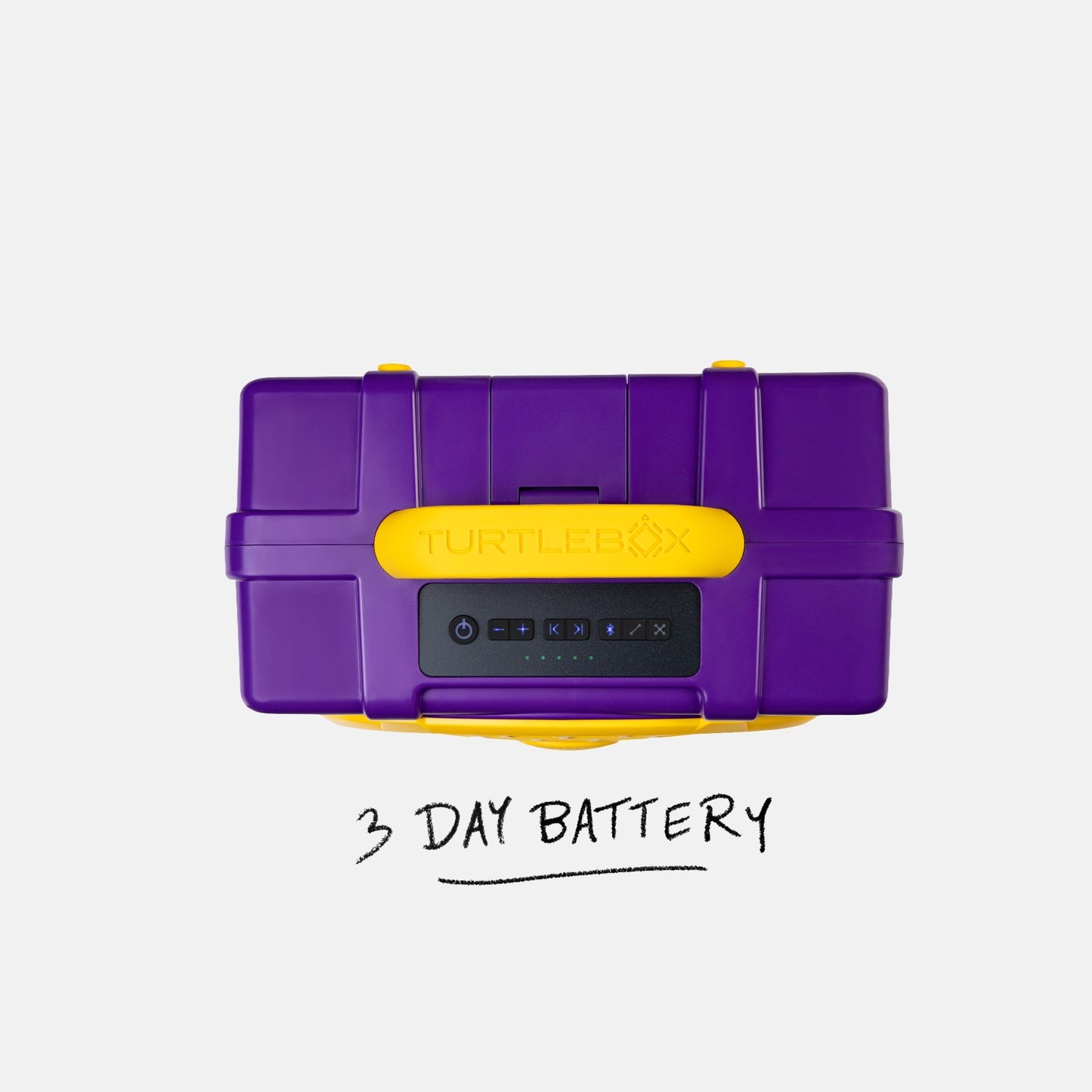 Purple & Gold LSU Original speaker top view with a label saying 3-day battery #speaker-color_purple-gold-gameday-series