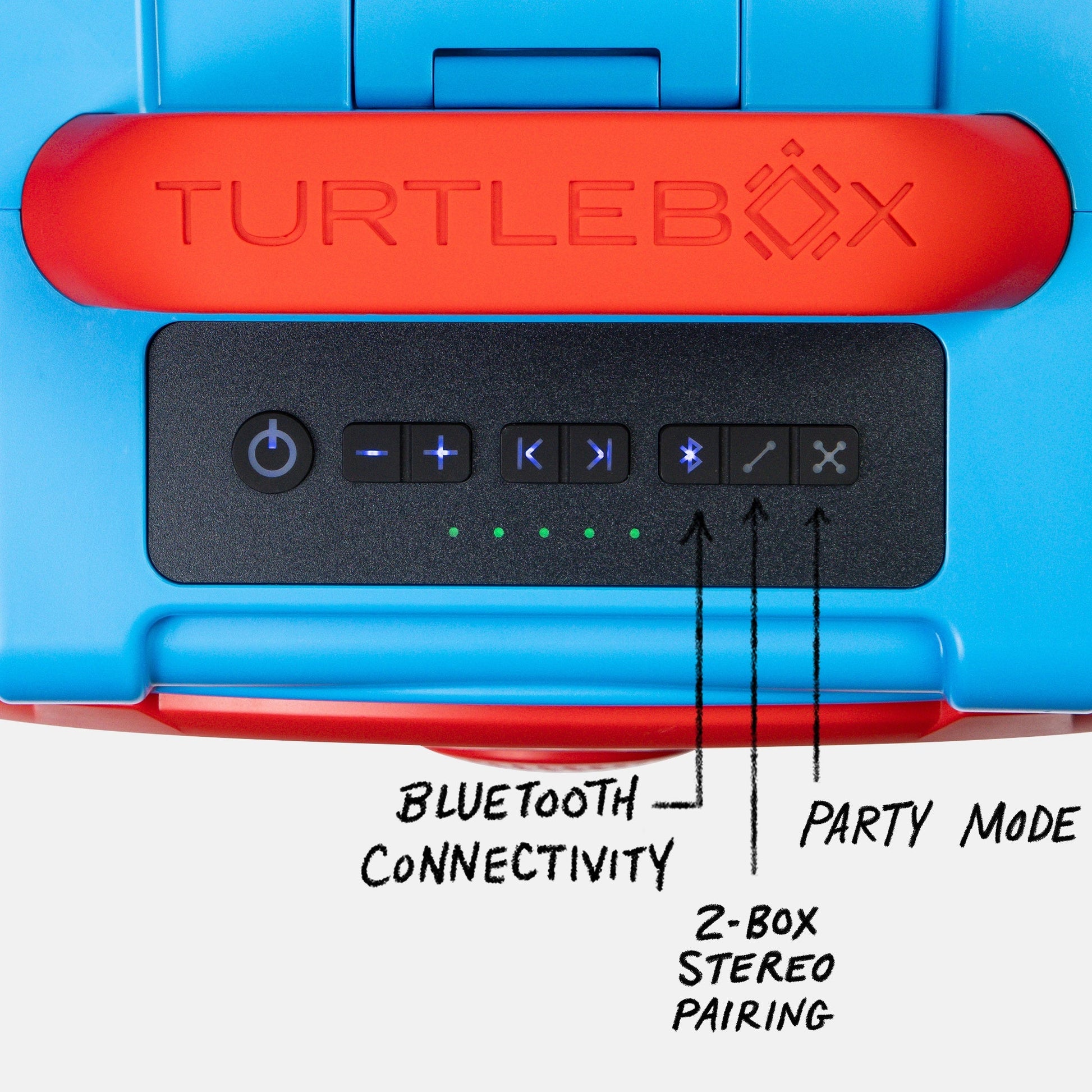 Powder Blue & Red Ole-Miss Original speaker top view showing control panel, with information showing Bluetooth Connectivity, 2 Box Stereo pairing and Party Mode #speaker-color_powder-blue-red-gameday-series