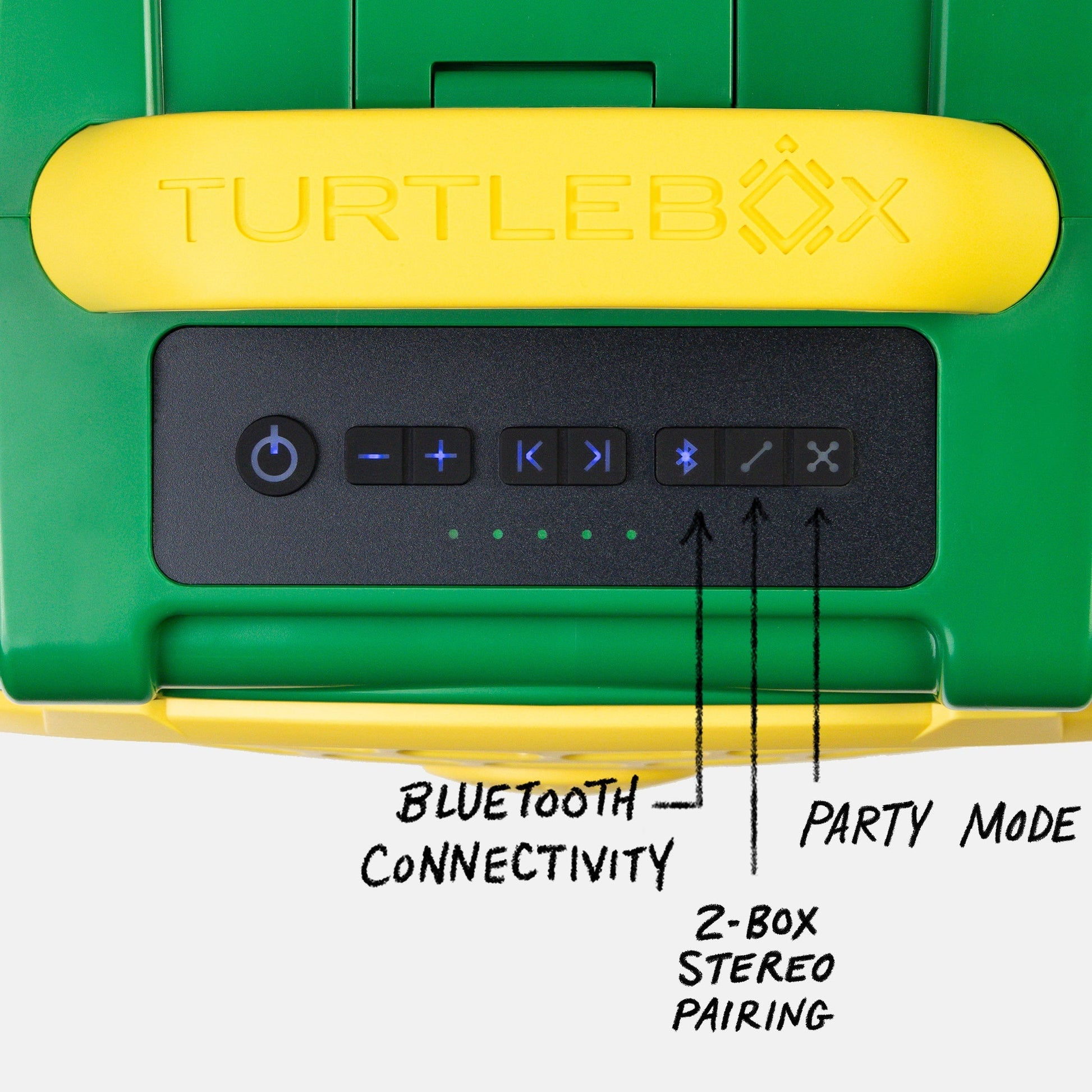 Green & Yellow Oregon Original speaker top view showing control panel, with information showing Bluetooth Connectivity, 2 Box Stereo pairing and Party Mode #speaker-color_green-yellow-gameday-series