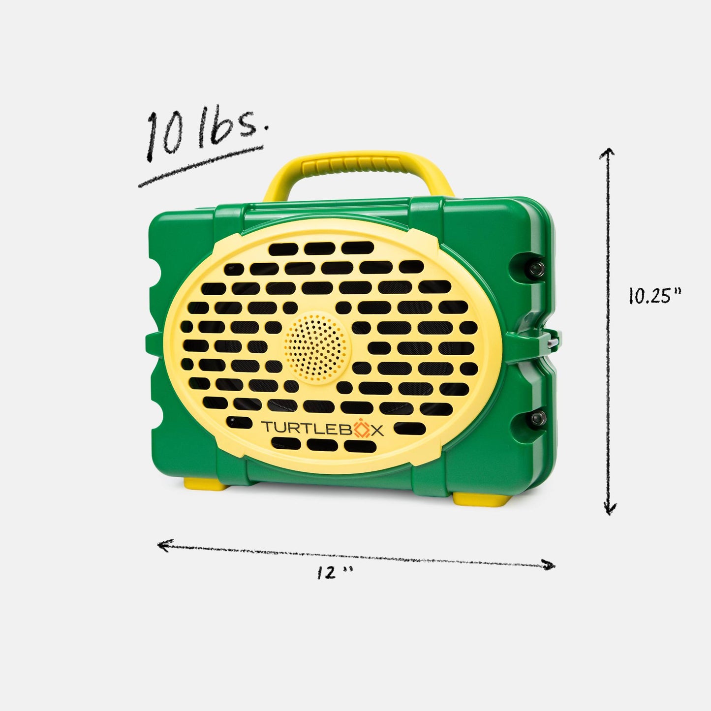 Green & Yellow Oregon speaker front with measures information, 10lbs, 12 by 8.75 inches #speaker-color_green-yellow-gameday-series