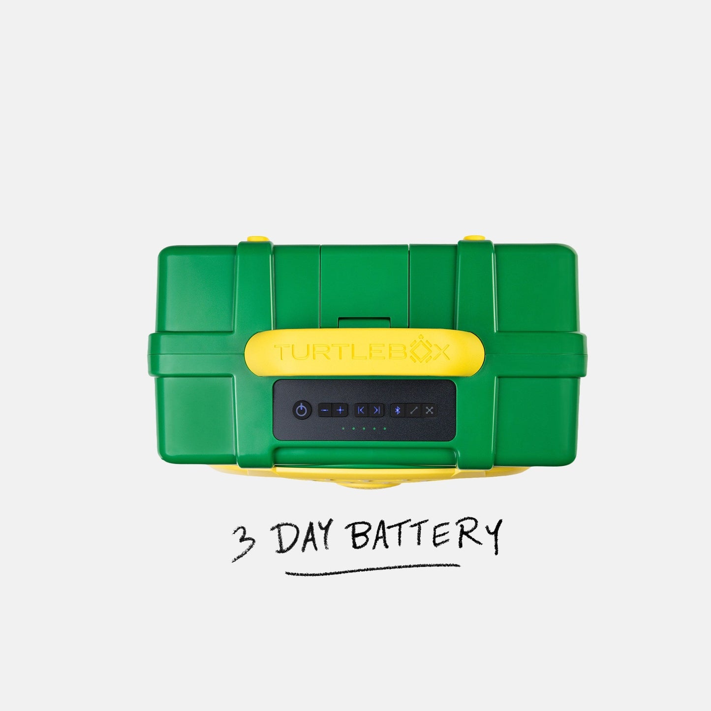 Green & Yellow Oregon Original speaker top view with a label saying 3-day battery #speaker-color_green-yellow-gameday-series