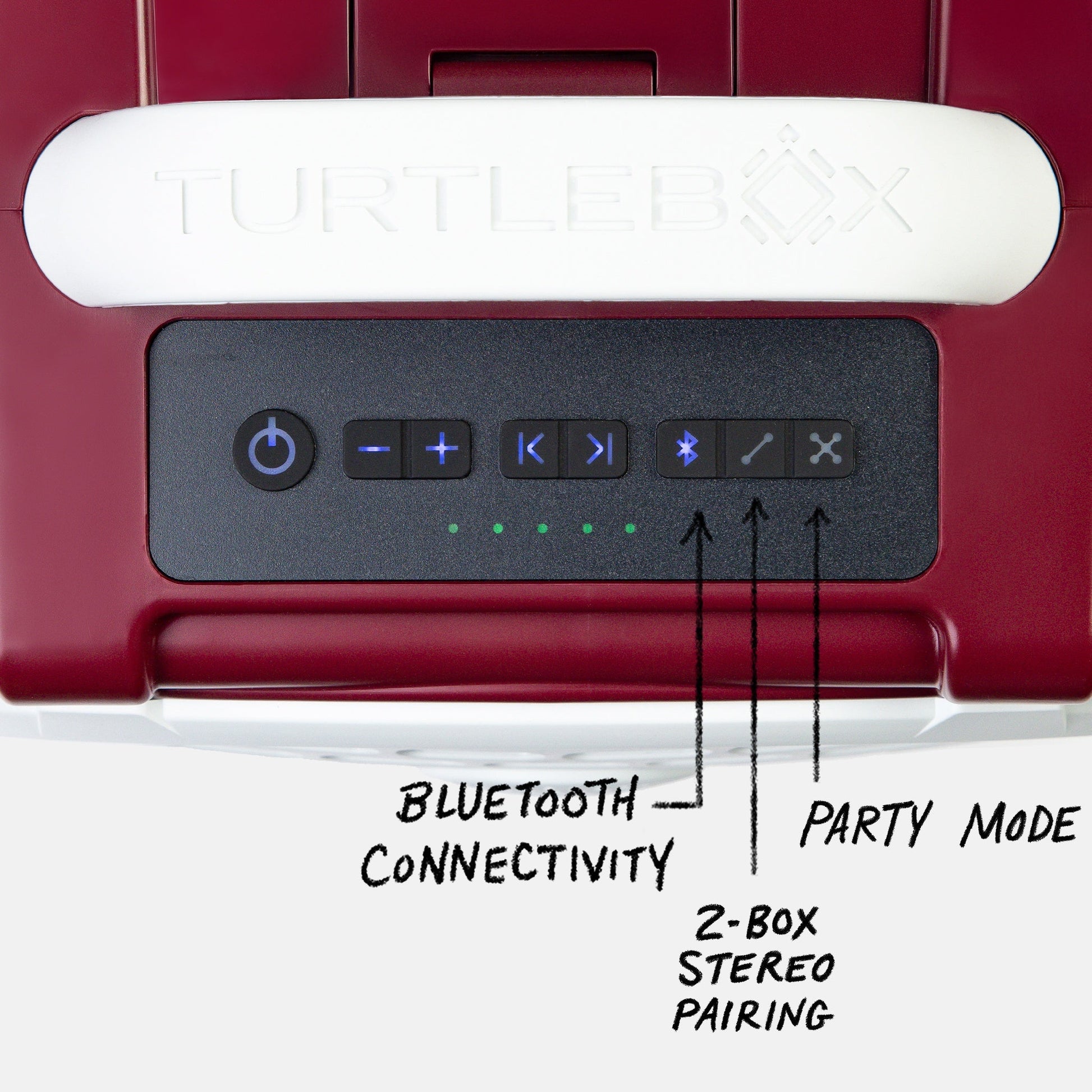 Maroon & White TAMU Original speaker top view showing control panel, with information showing Bluetooth Connectivity, 2 Box Stereo pairing and Party Mode #speaker-color_maroon-white-gameday-series