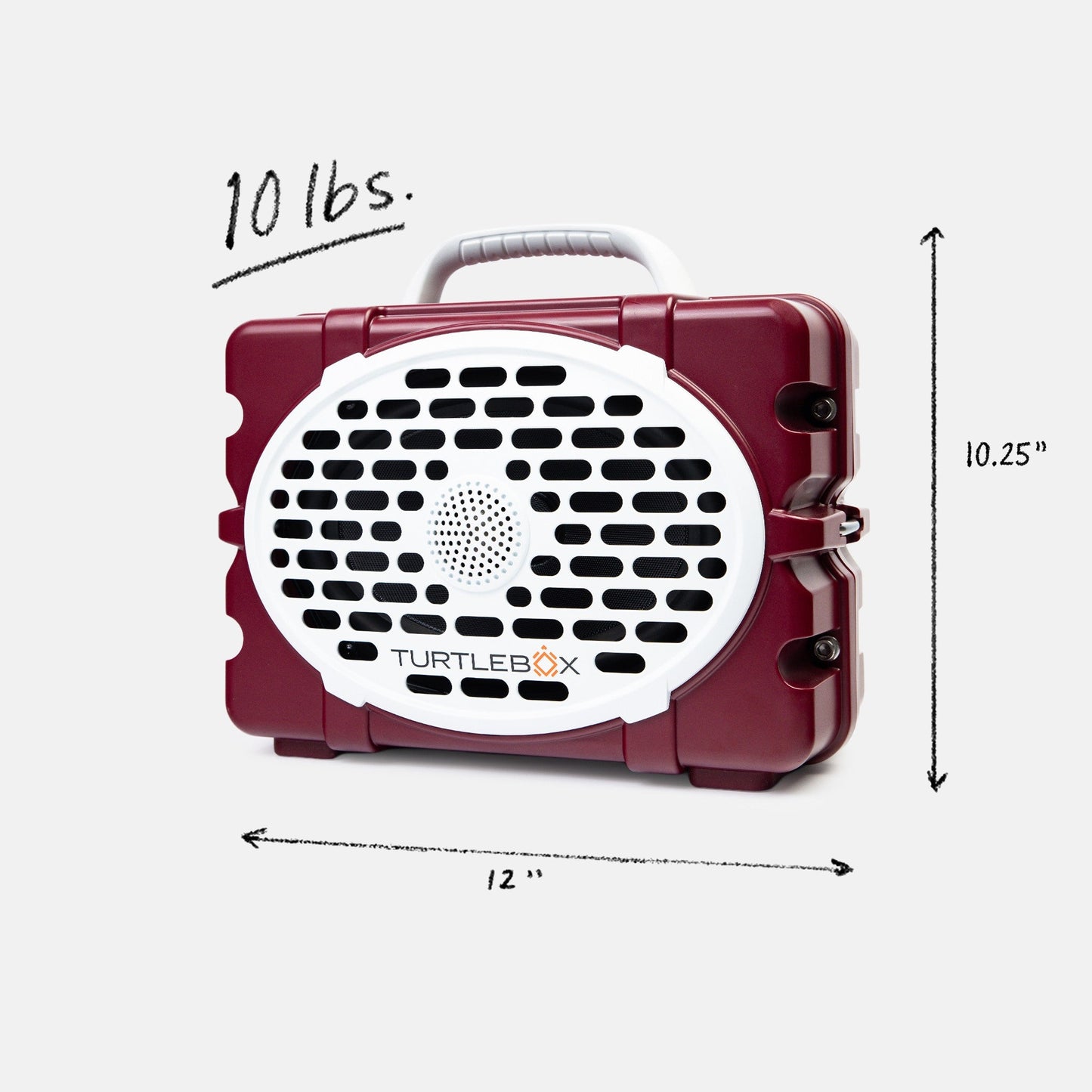 Maroon & White TAMU speaker front with measures information, 10lbs, 12 by 8.75 inches #speaker-color_maroon-white-gameday-series
