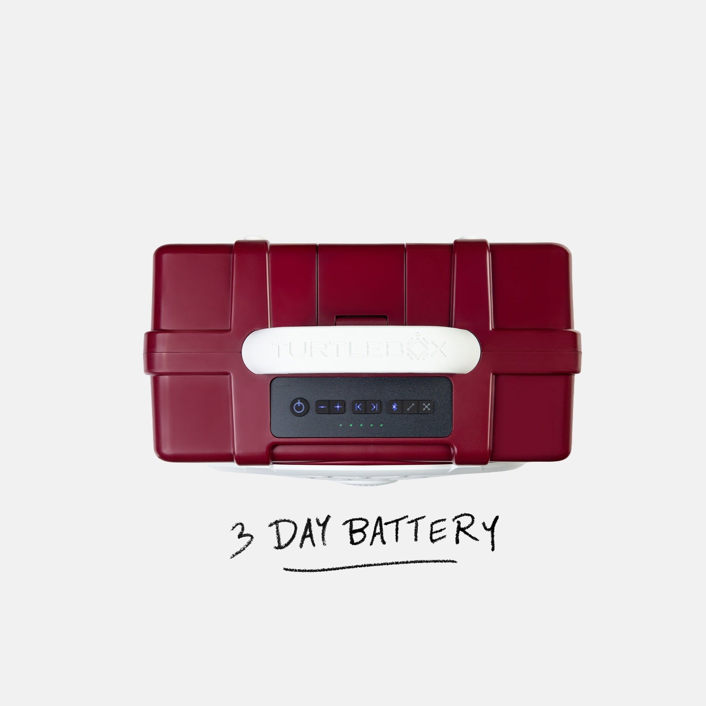 Maroon & White TAMU Original speaker top view with a label saying 3-day battery #speaker-color_maroon-white-gameday-series