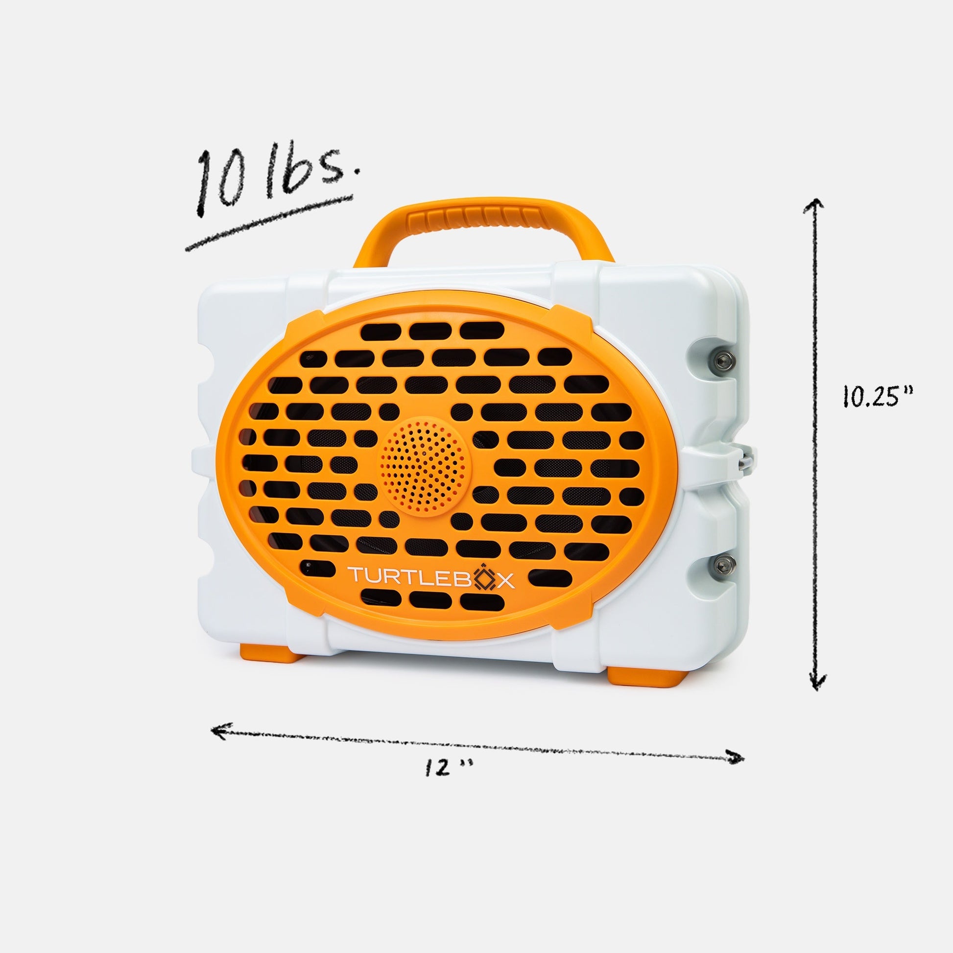 White & Orange Tennesse speaker front with measures information, 10lbs, 12 by 8.75 inches #speaker-color_white-orange-gameday-series
