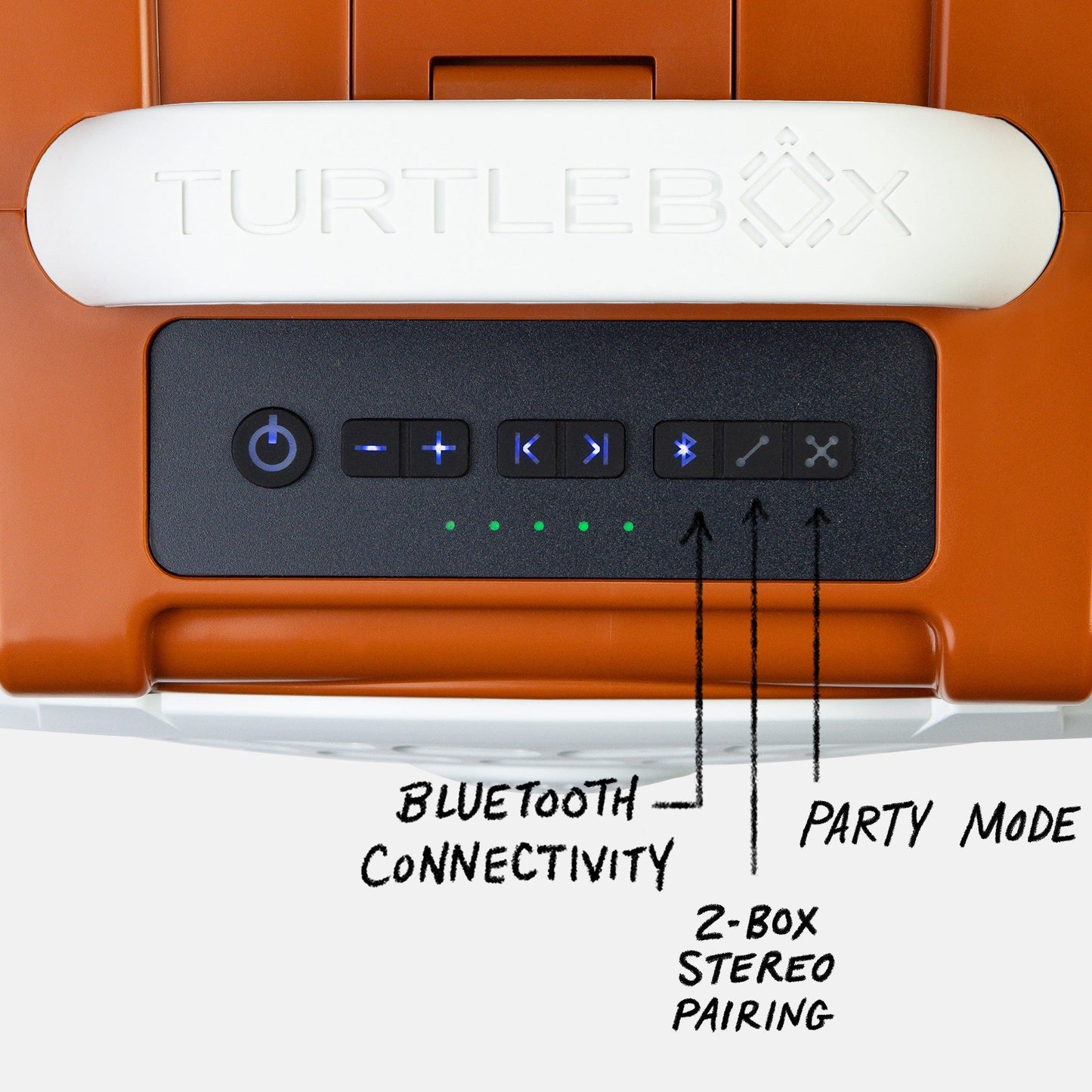 Burnt Orange & White UT Original speaker top view showing control panel, with information showing Bluetooth Connectivity, 2 Box Stereo pairing and Party Mode #speaker-color_burnt-orange-white-gameday-series