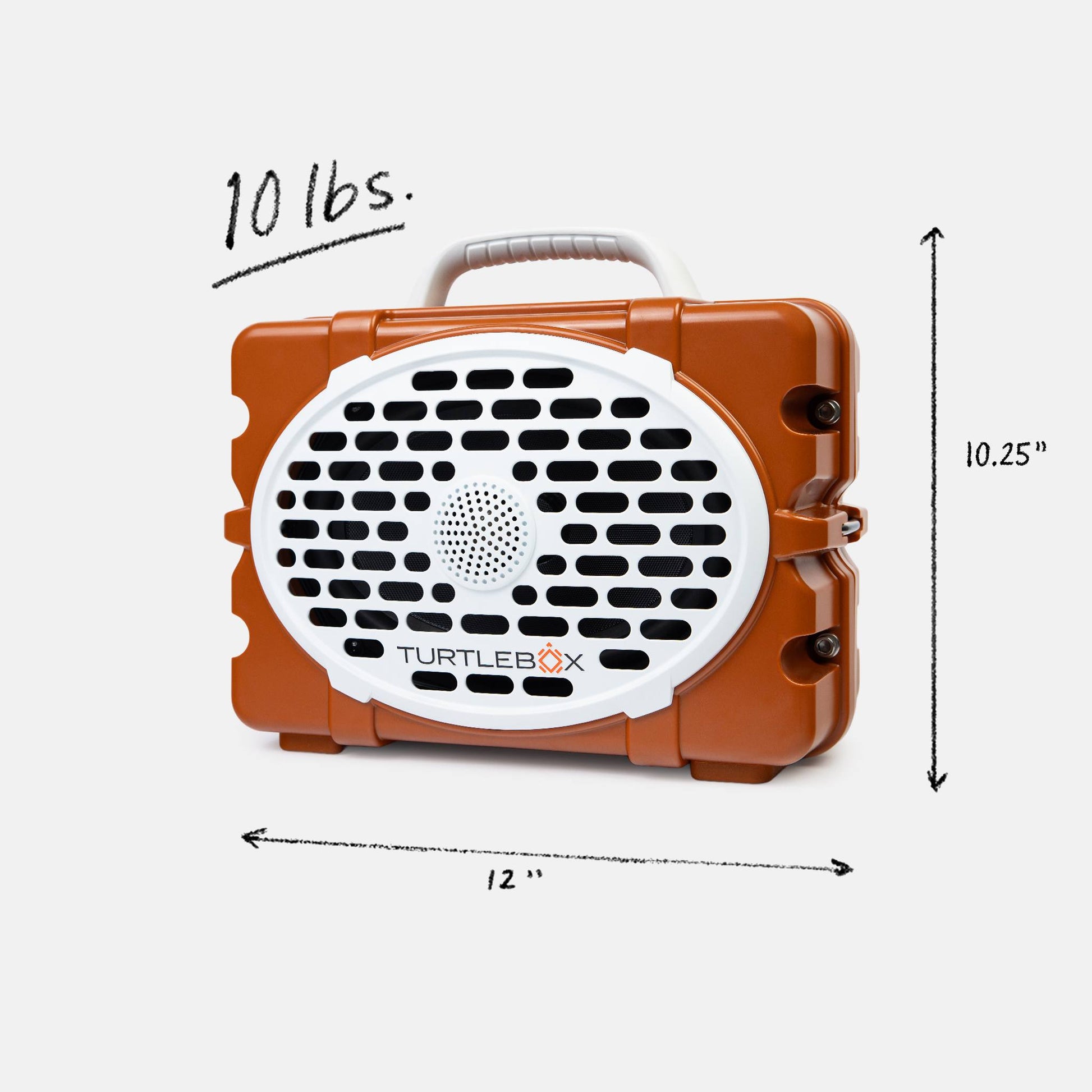 Burnt Orange & White UT speaker front with measures information, 10lbs, 12 by 8.75 inches #speaker-color_burnt-orange-white-gameday-series