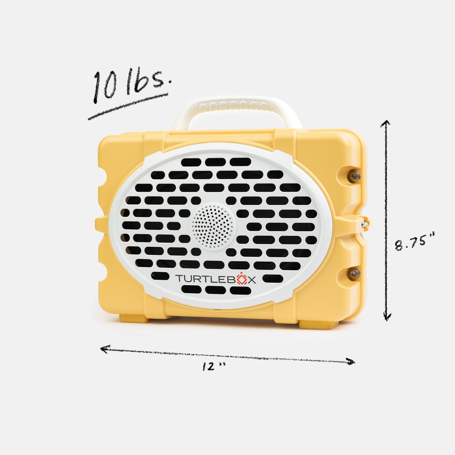Yellow Turtlebox device with dimensions and weight label on a white background #base-color_fighting-lady-yellow