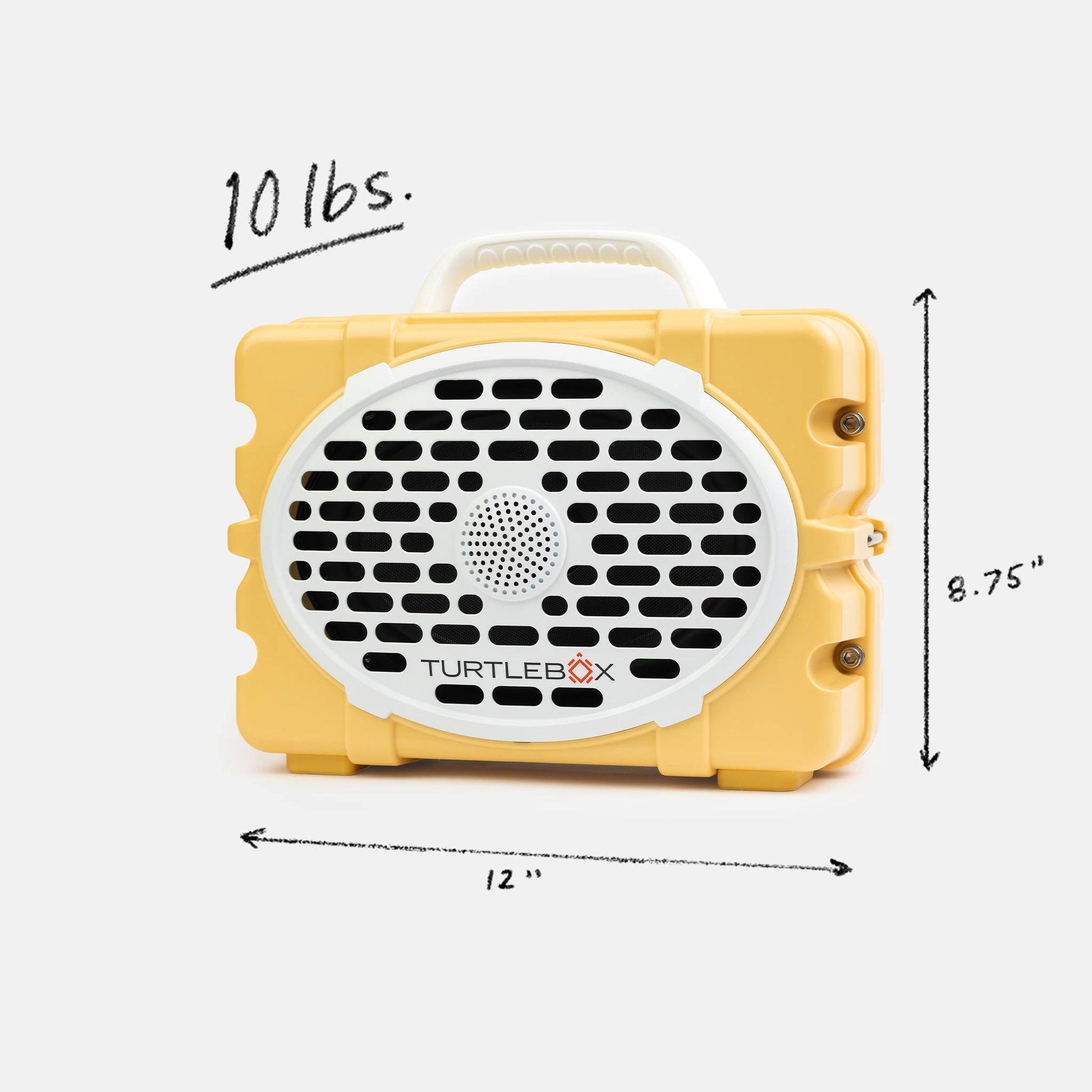Yellow Turtlebox device with dimensions and weight label on a white background #base-color_fighting-lady-yellow