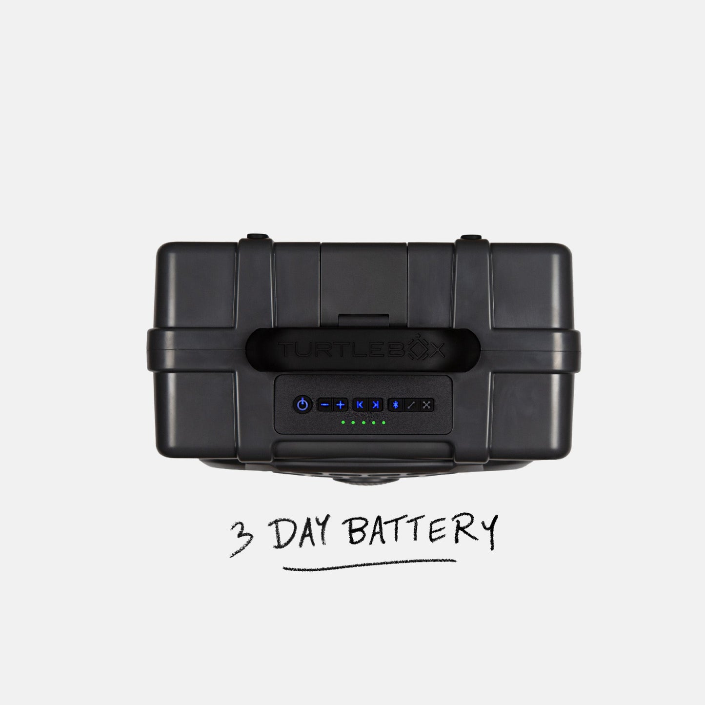 Studio shot of a Original speaker in Gray showing the top view and saying the 3 day battery spec. #speaker-color_gray