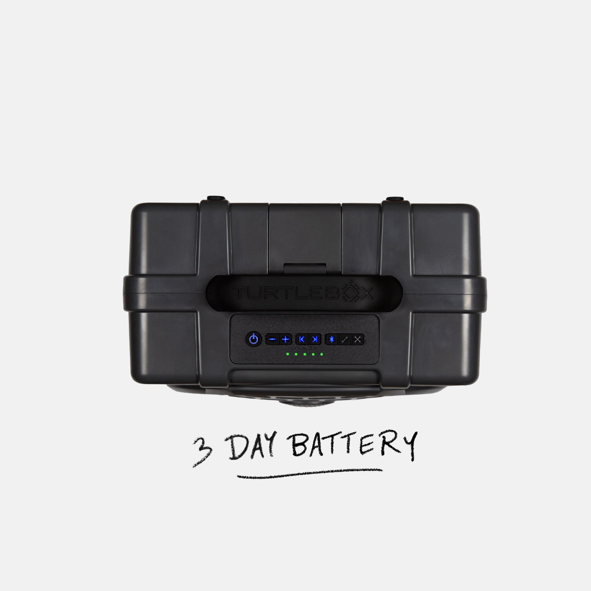 Studio shot of a Original speaker in Gray showing the top view and saying the 3 day battery spec. #speaker-color_gray