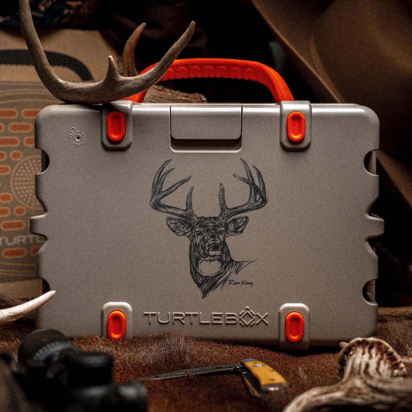 A lifestyle photo of the Turtlebox Whitetail Artist Series edition with deer horns on the scenario #speaker-color_whitetail-artist-series