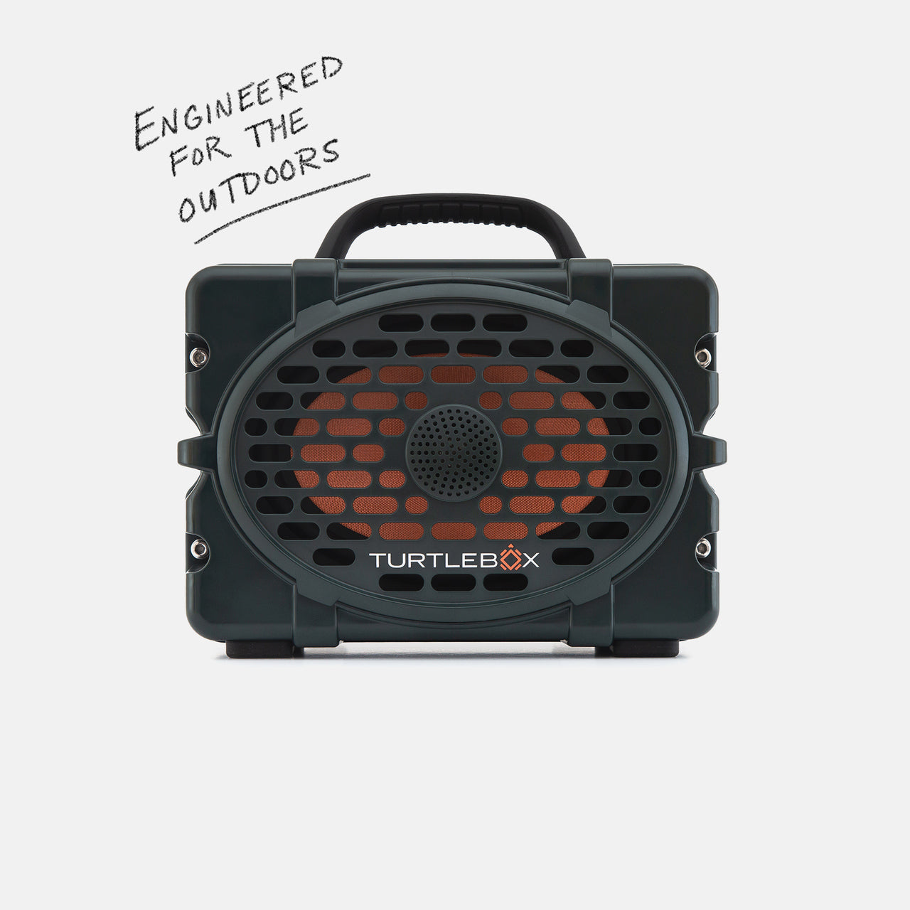 Turtlebox Original speaker in green front view with a label saying Engineered for the Outdoors #speaker-color_green